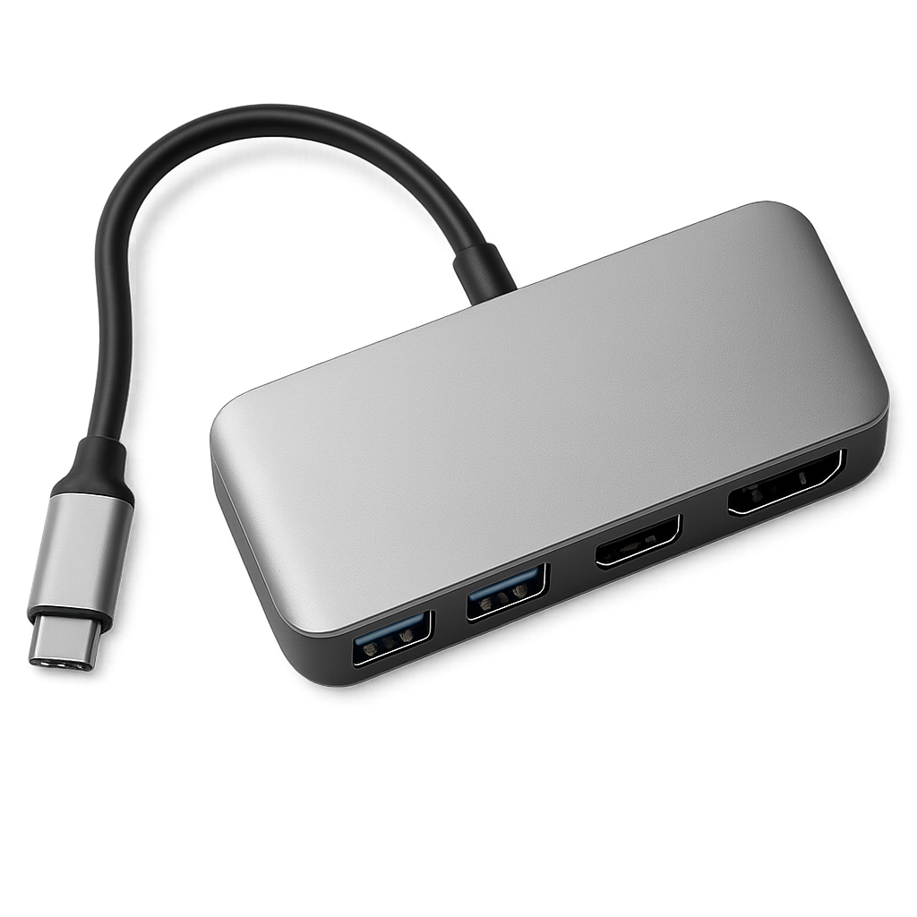 Hub USB-C prateado com várias portas em fundo transparente