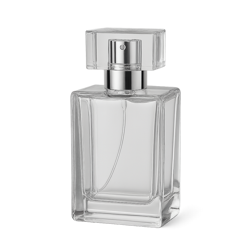 Mockup de frasco de perfume transparente PNG — embalagem elegante para marcas de beleza e apresentação de produtos Mockup de frasco de perfume de vidro transparente em fundo isolado