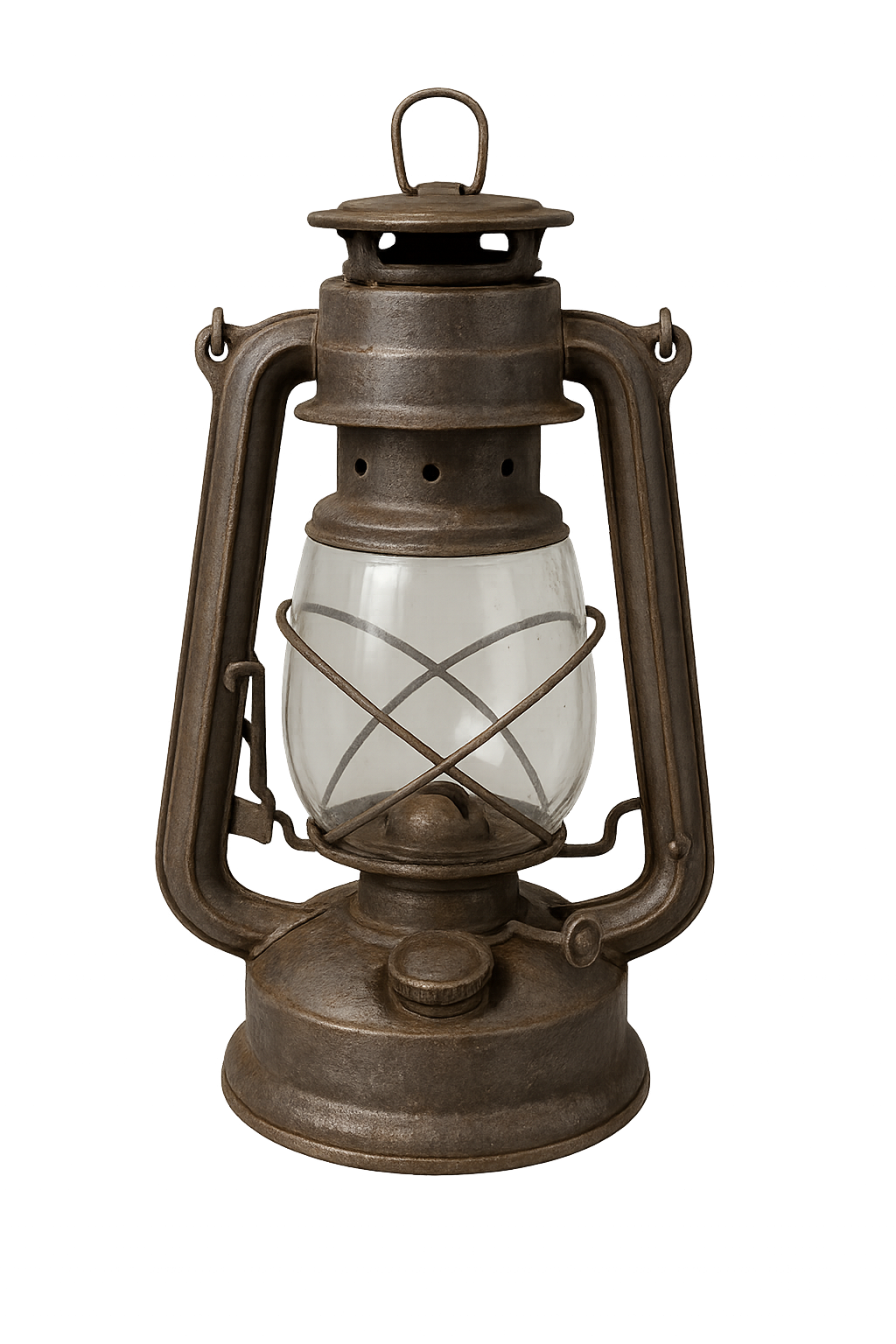 Front view of vintage oil lantern isolated on transparent background