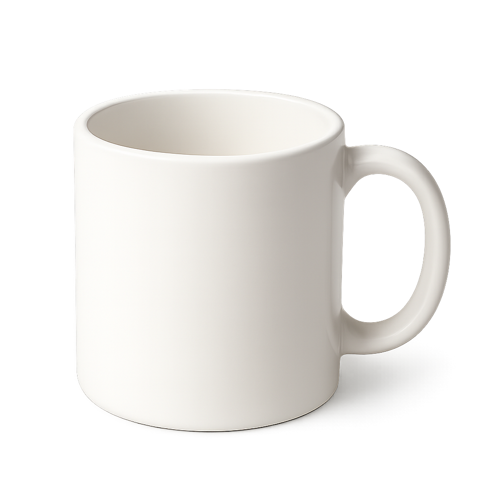 Plain white ceramic mug without contents on transparent background