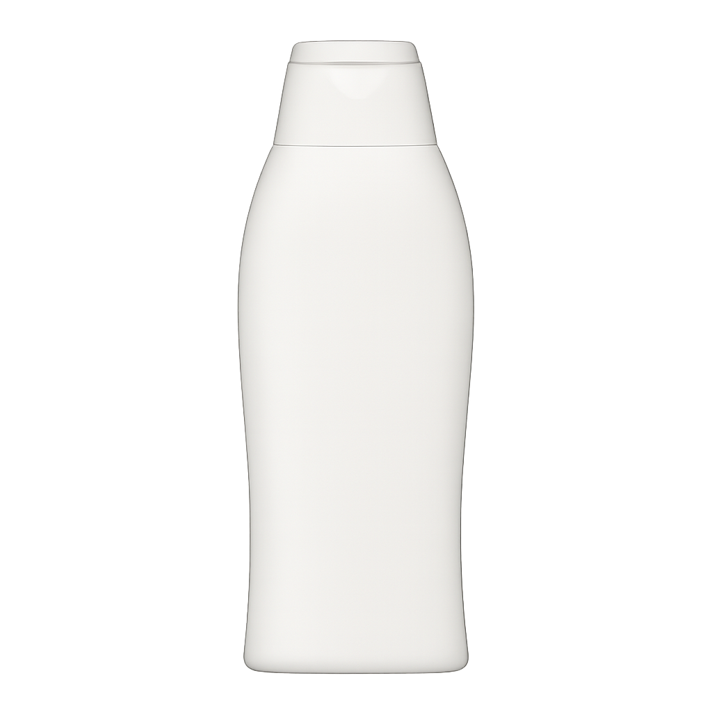 Botella de champú blanca con tapa abatible PNG — mockup limpio de envase Botella de champú blanca de plástico con tapa abatible sobre fondo transparente