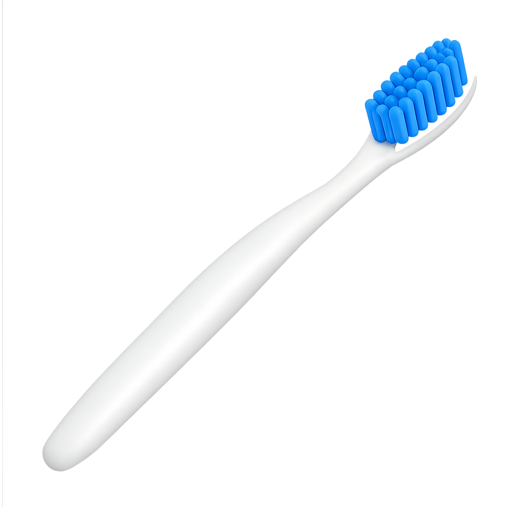 Escova de dentes branca de plástico com cerdas azuis em fundo transparente