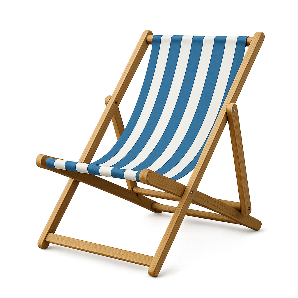 Wooden beach chair with blue stripes isolated on transparent background