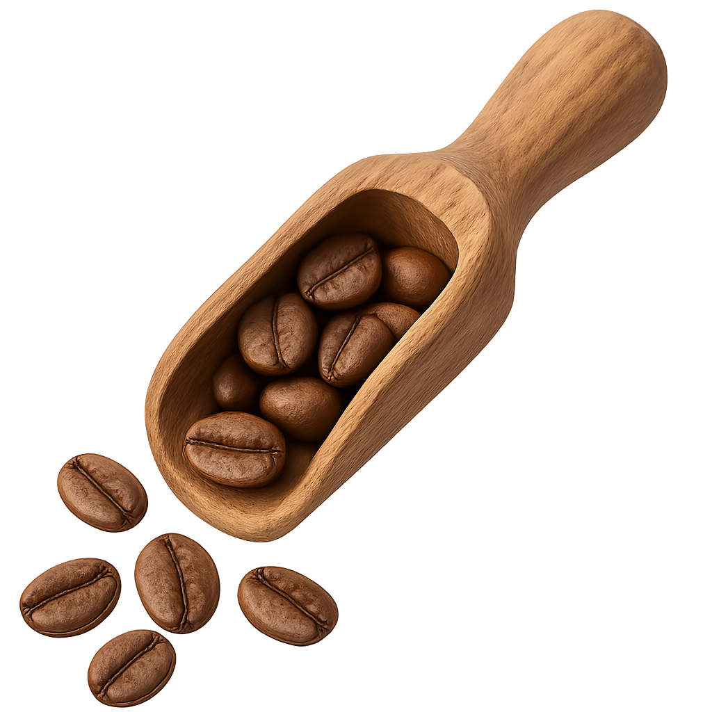 Wooden scoop filled with roasted coffee beans on transparent background