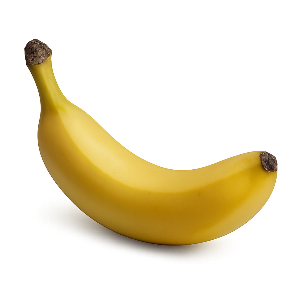Banana amarilla con forma curva sobre fondo transparente