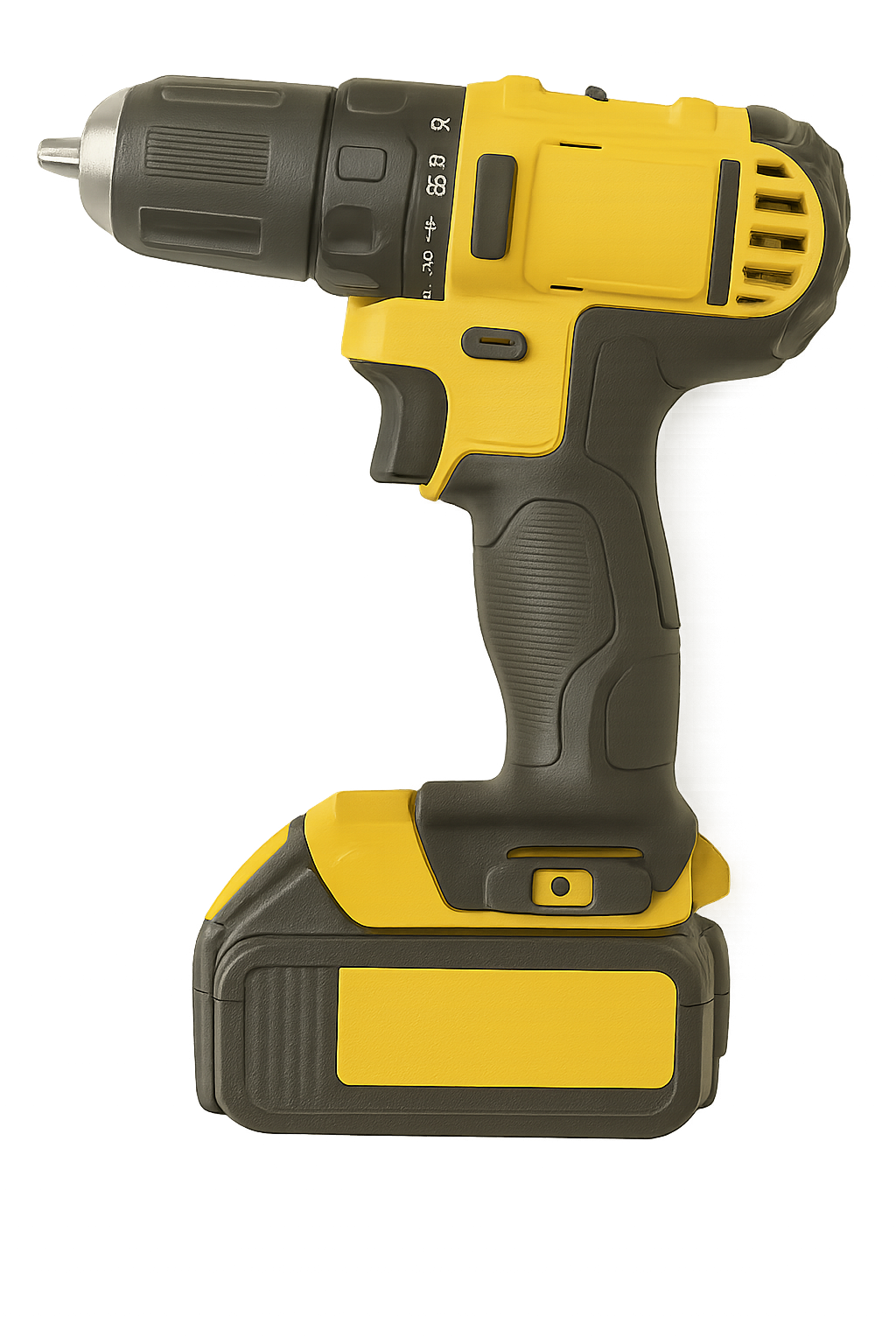 Cordless yellow electric drill with battery pack on transparent background