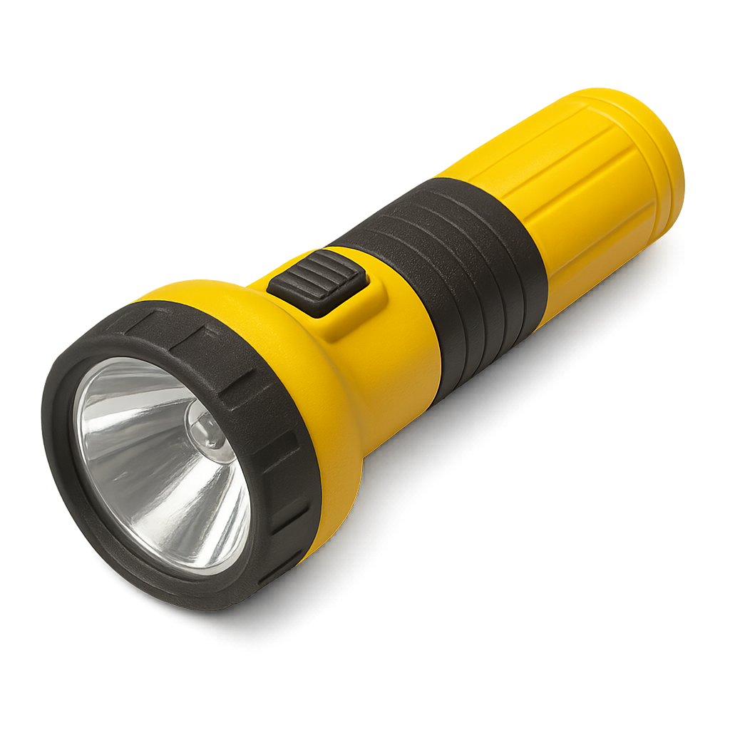 Yellow flashlight with black rubber grip isolated on transparent background