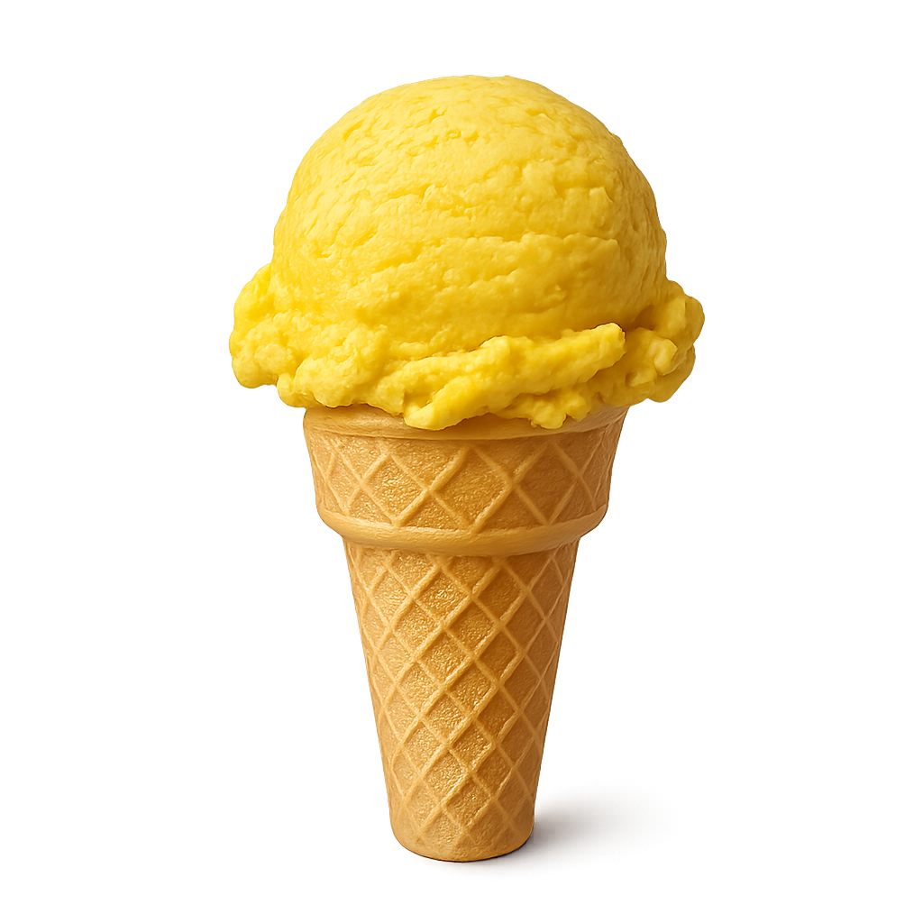 Yellow ice cream in waffle cone isolated on transparent background