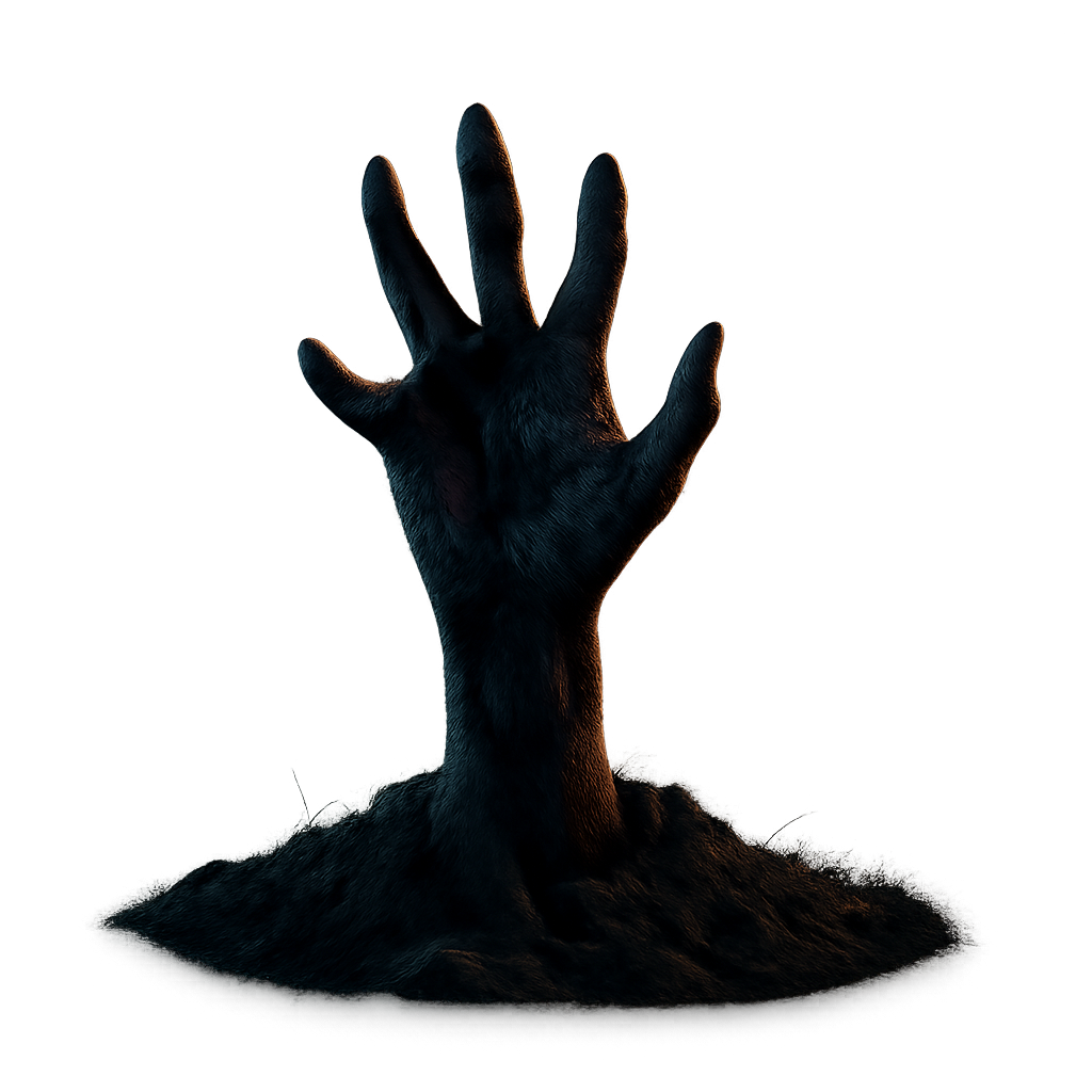 Creepy zombie hand reaching out of ground in dark horror style on transparent background