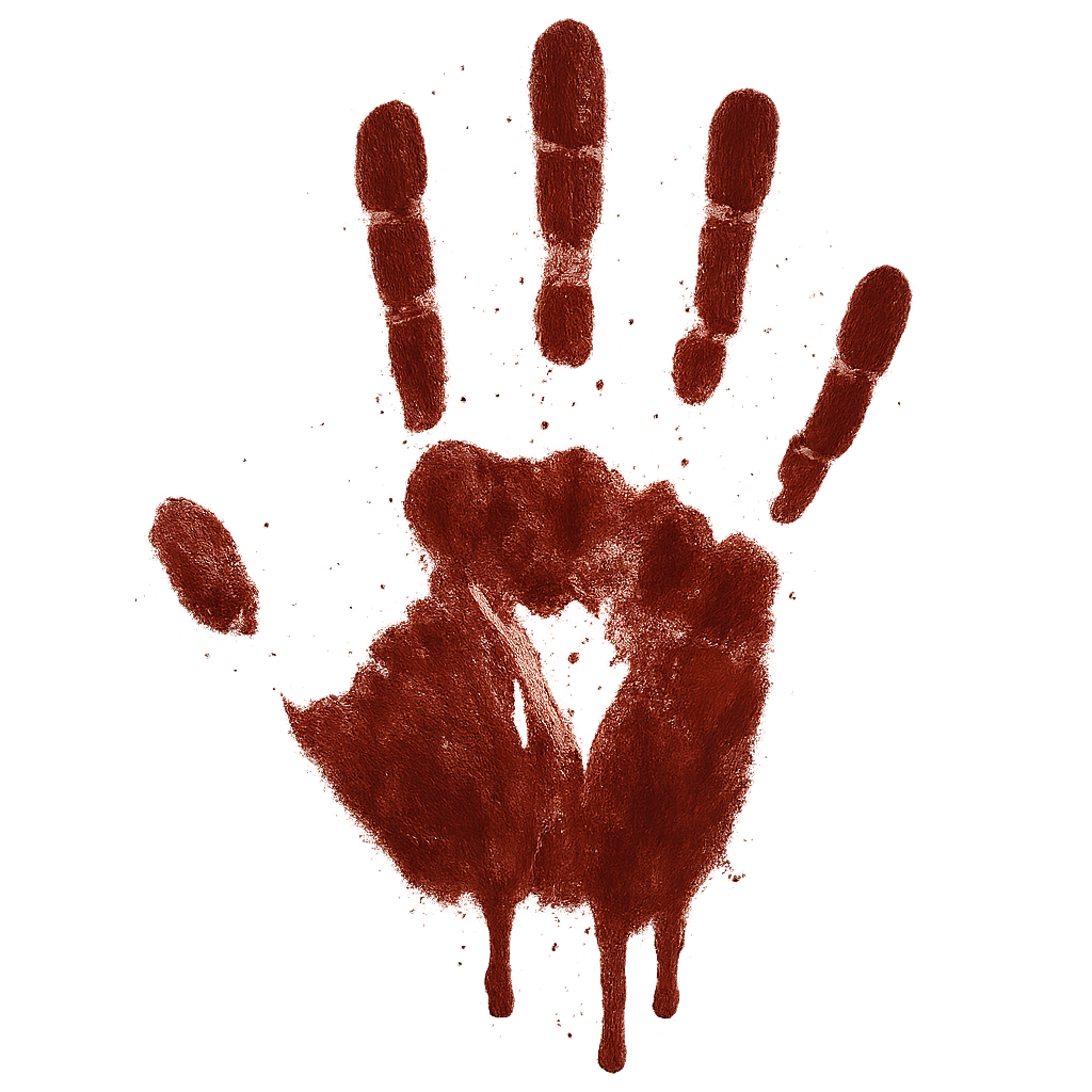 Huella sangrienta de mano de zombi PNG — elemento aterrador para Halloween y diseños de no muertos Huella sangrienta de mano de zombi sobre fondo transparente
