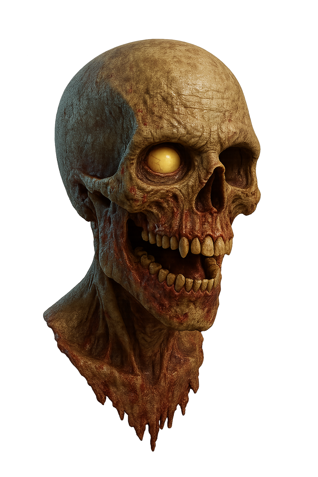 3D zombie skull with rotting flesh and exposed bone on transparent background