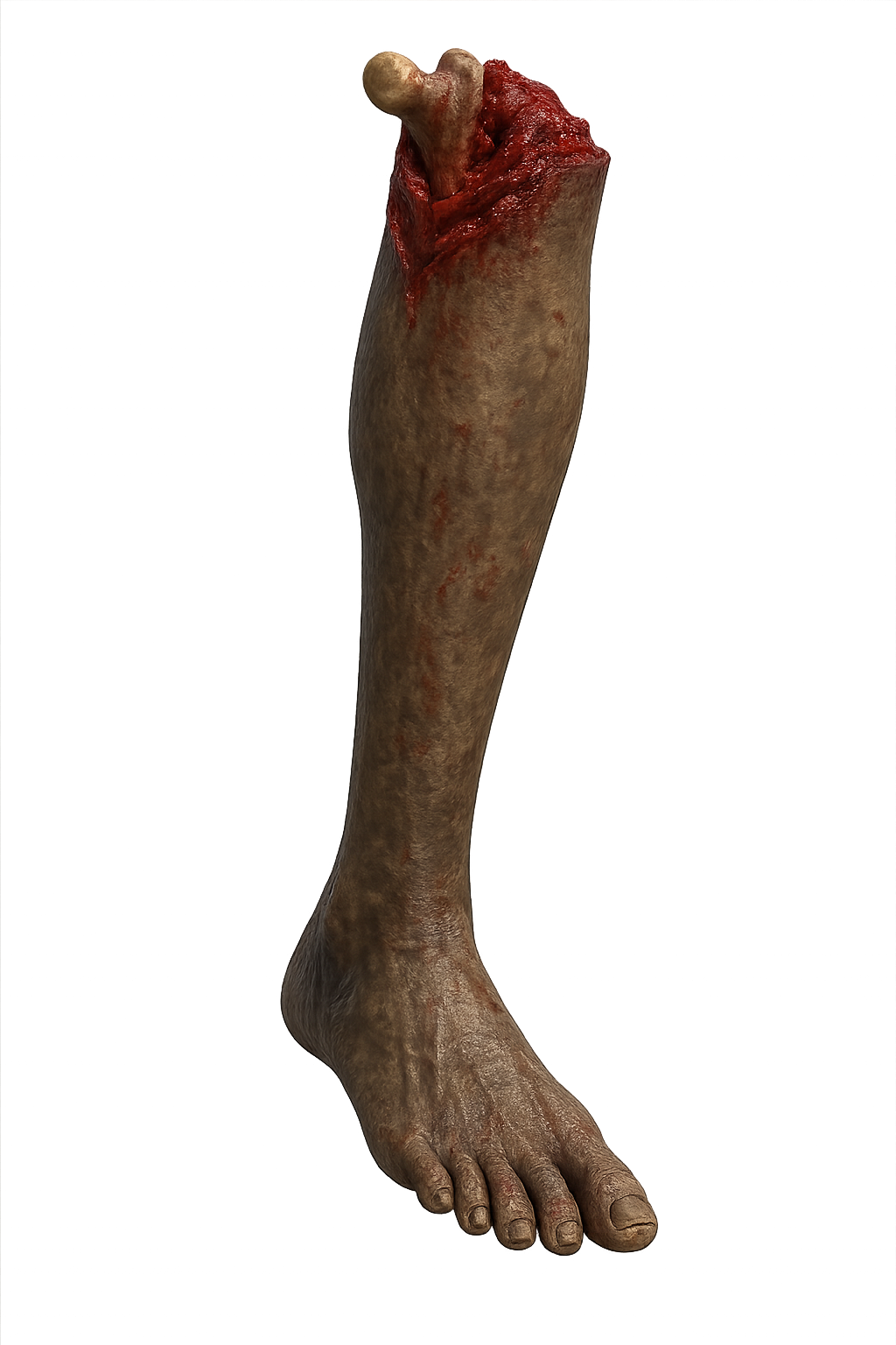 Severed zombie leg with torn flesh and bone in 3D style on transparent background