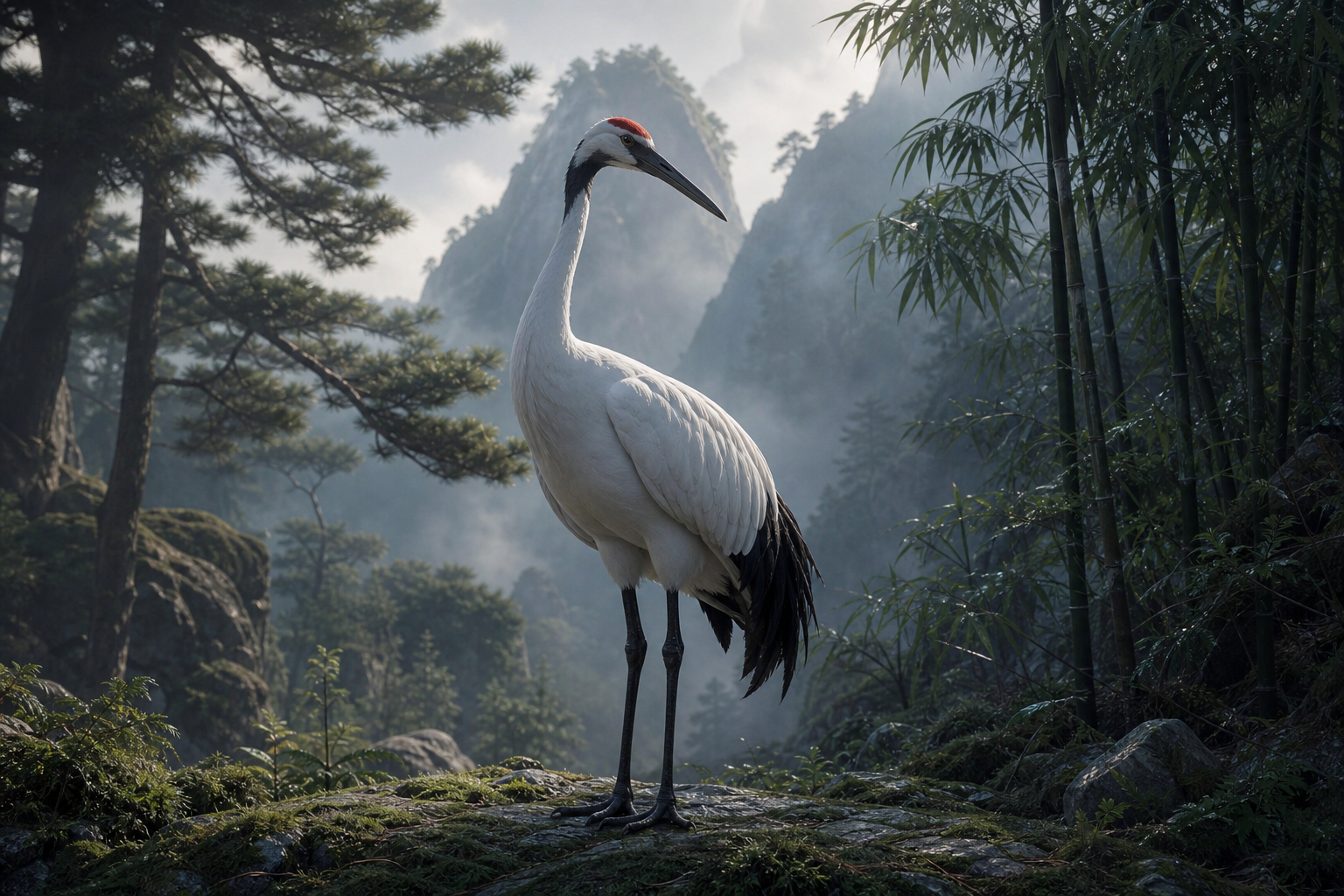 Небесный белый журавль (тэнгэ) — Китайская даосская мифология и иконография: священный белый журавль с красной отметиной на голове, перевозчик бессмертных