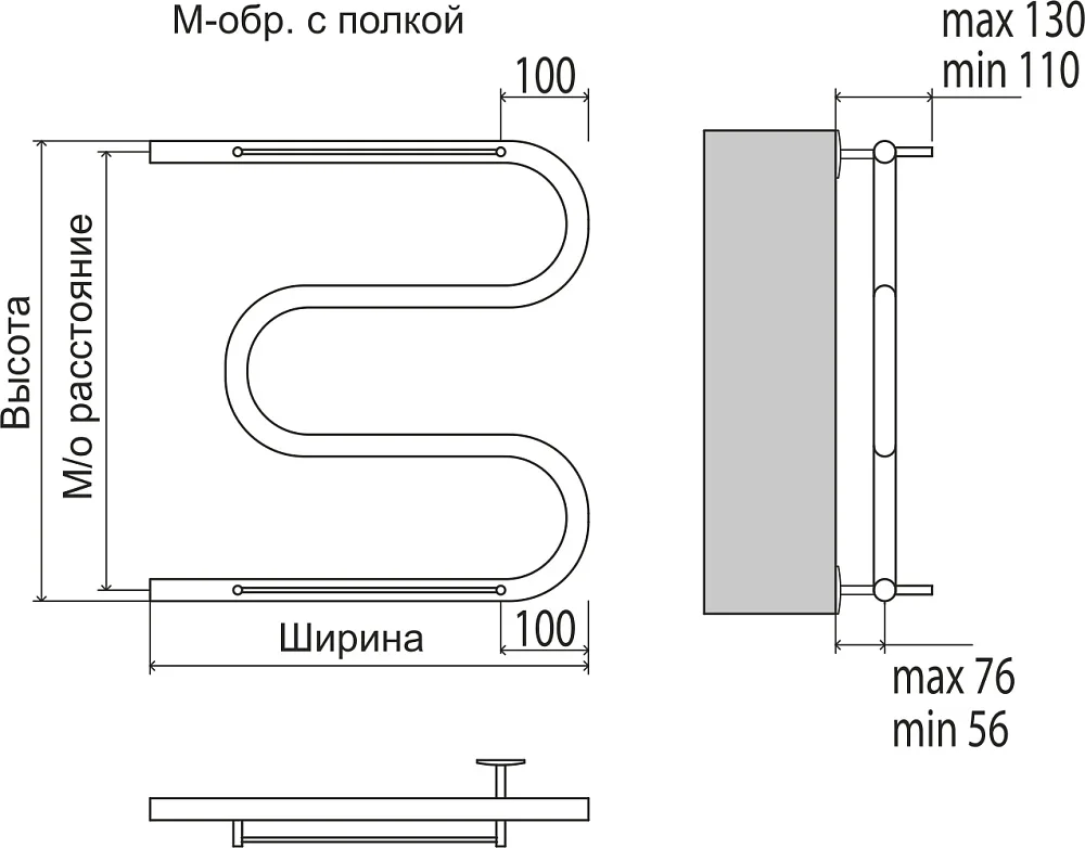 Полотенцесушитель водяной Terminus М-образный с полкой (1 ) 600х600