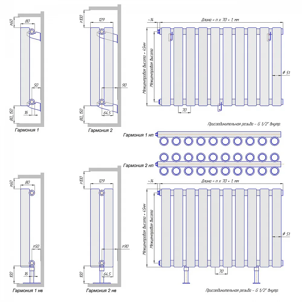 Стальной трубчатый радиатор отопления КЗТО Гармония 1, однотрубный, 155 21 секция