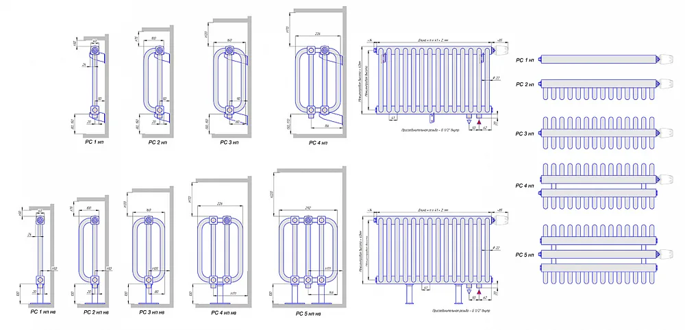 Стальной трубчатый радиатор отопления КЗТО РС 4, четырехтрубный, 300 14 секций