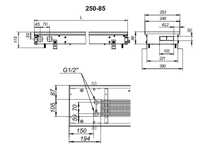 Внутрипольный конвектор с естественной конвекцией Techno KVZ 250-85-2600