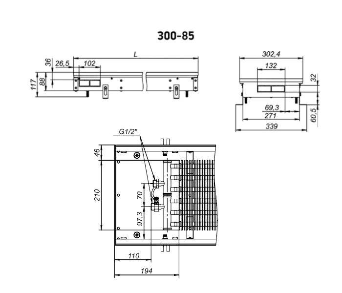 Внутрипольный конвектор с естественной конвекцией Techno Power KVZ 300-85-800