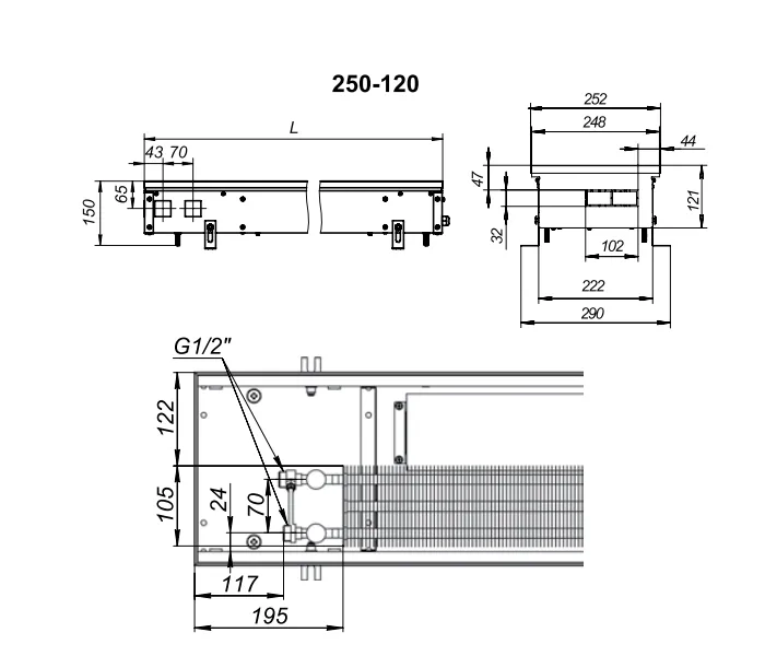 Внутрипольный конвектор с вентилятором Techno KVZV 250-120-2200