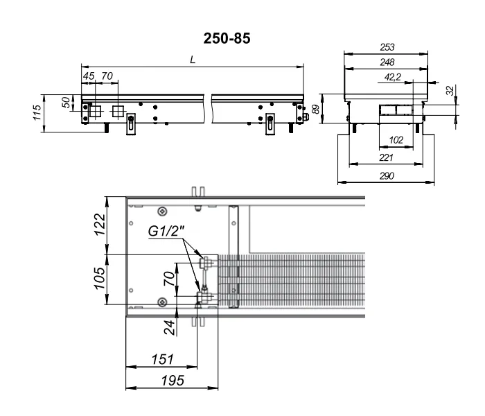 Внутрипольный конвектор с вентилятором Techno KVZV 250-85-1000