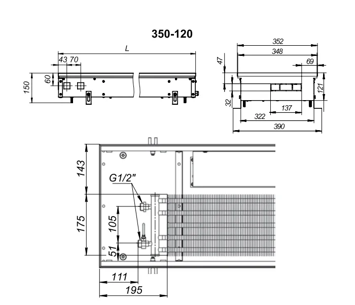 Внутрипольный конвектор с вентилятором Techno KVZV 350-120-2400