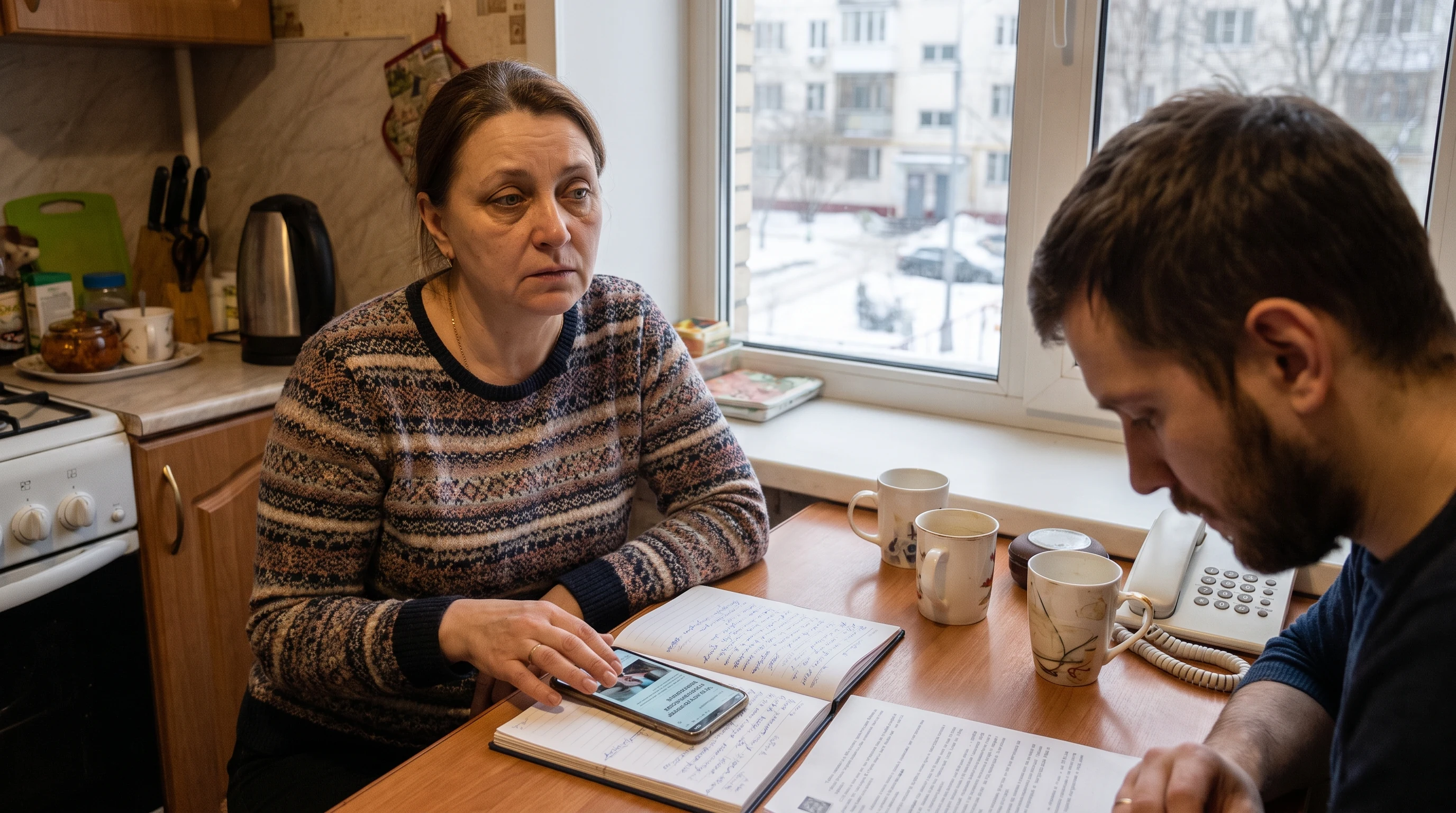 Женщина за кухонным столом ночью в тревоге