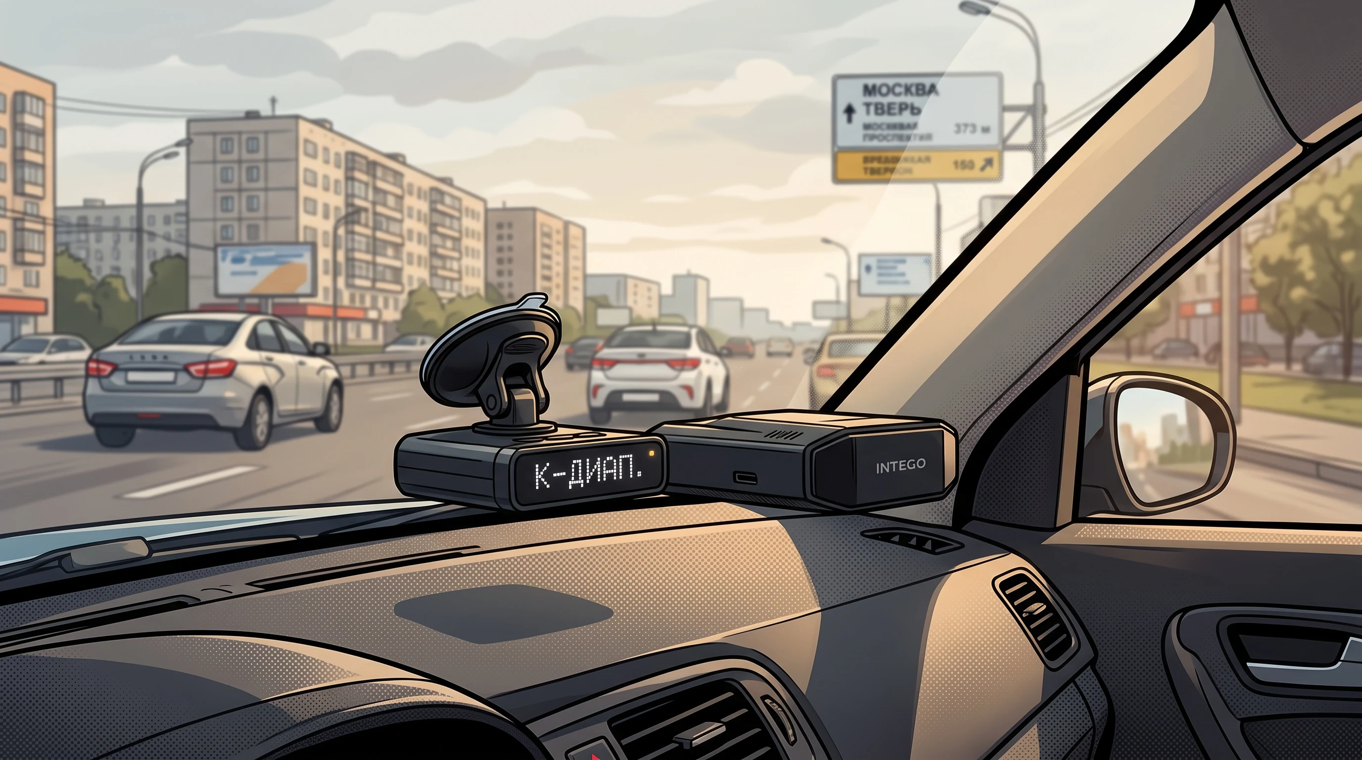 Радар-детектор на лобовом стекле автомобиля, дорога вдали