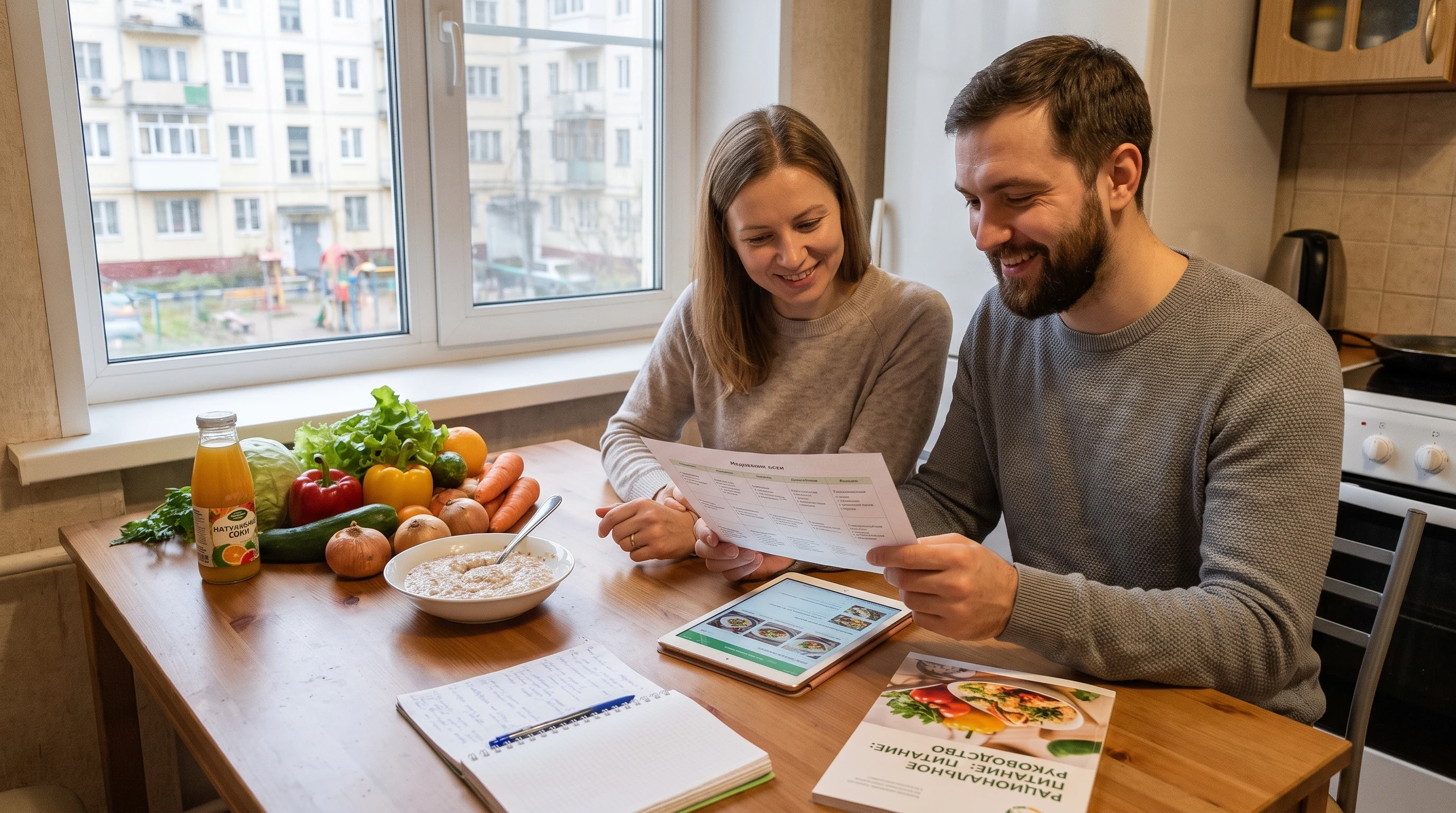 Свежие продукты для рационального питания на деревянной столешнице