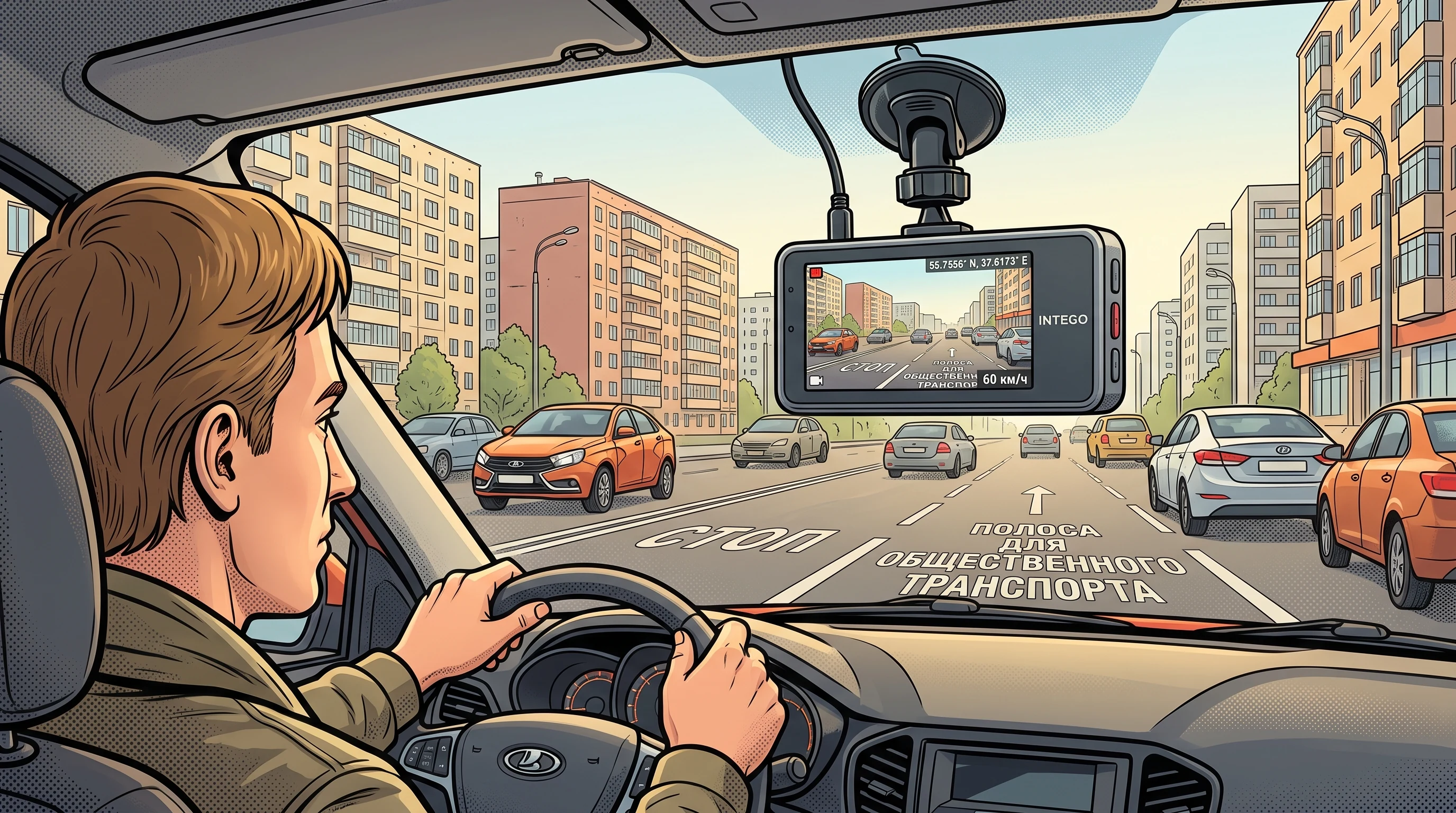 Видеорегистратор с GPS на лобовом стекле автомобиля вечером
