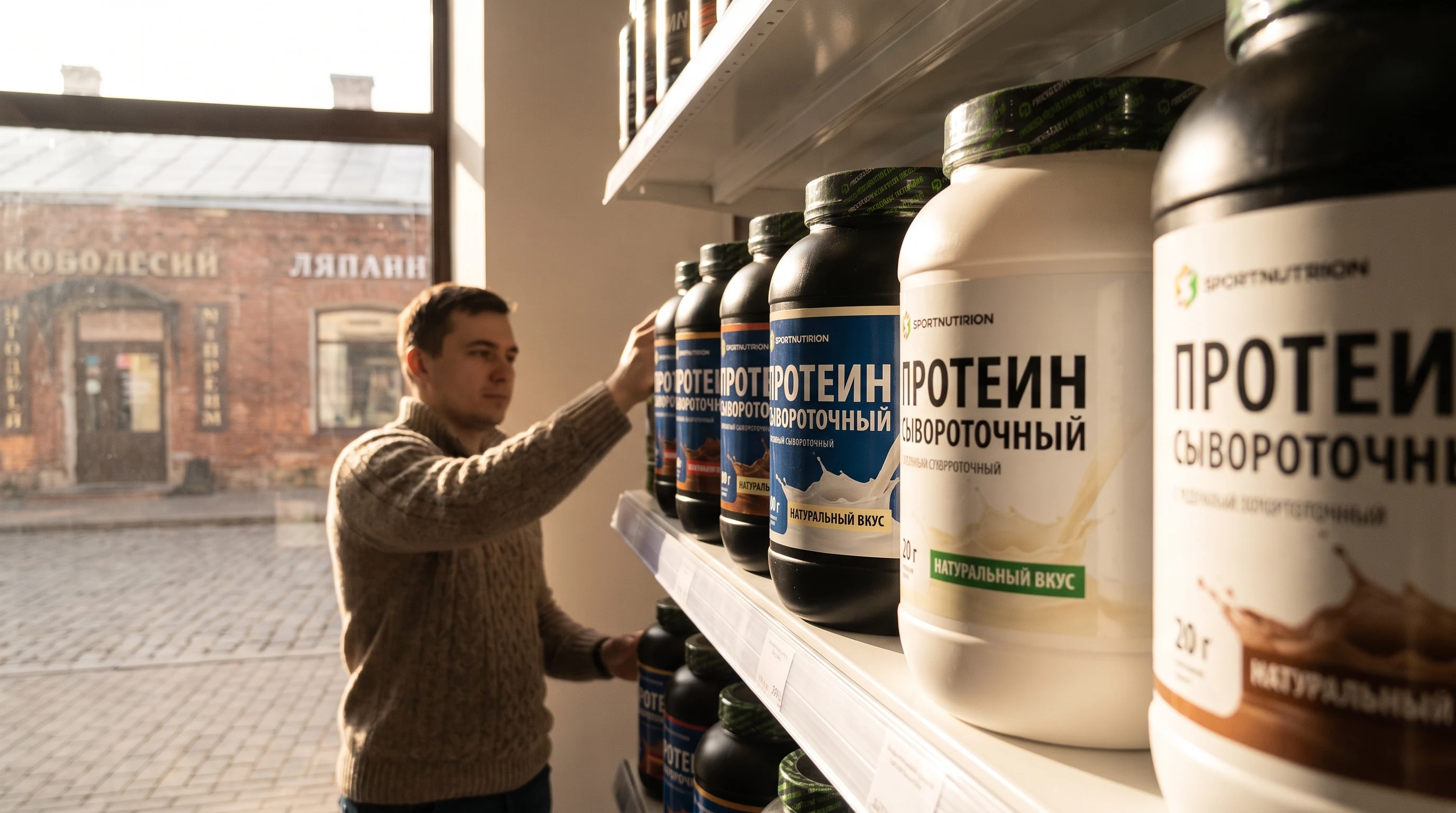 Полки с банками спортивного питания в магазине