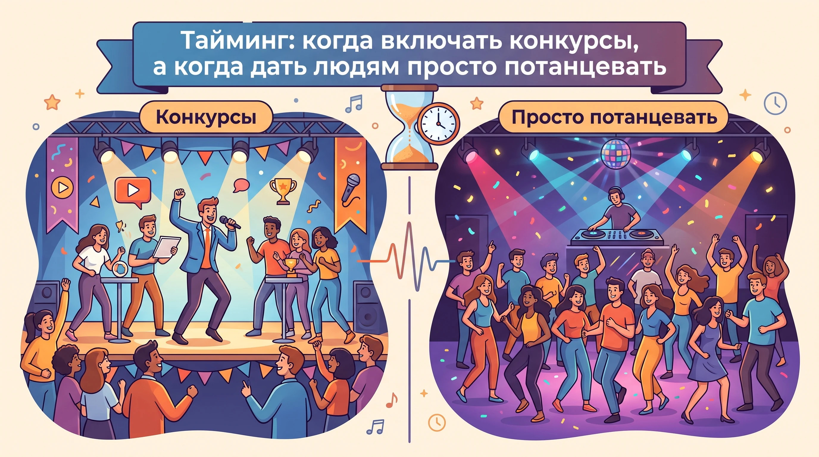 Тайминг: когда включать конкурсы, а когда дать людям просто потанцевать