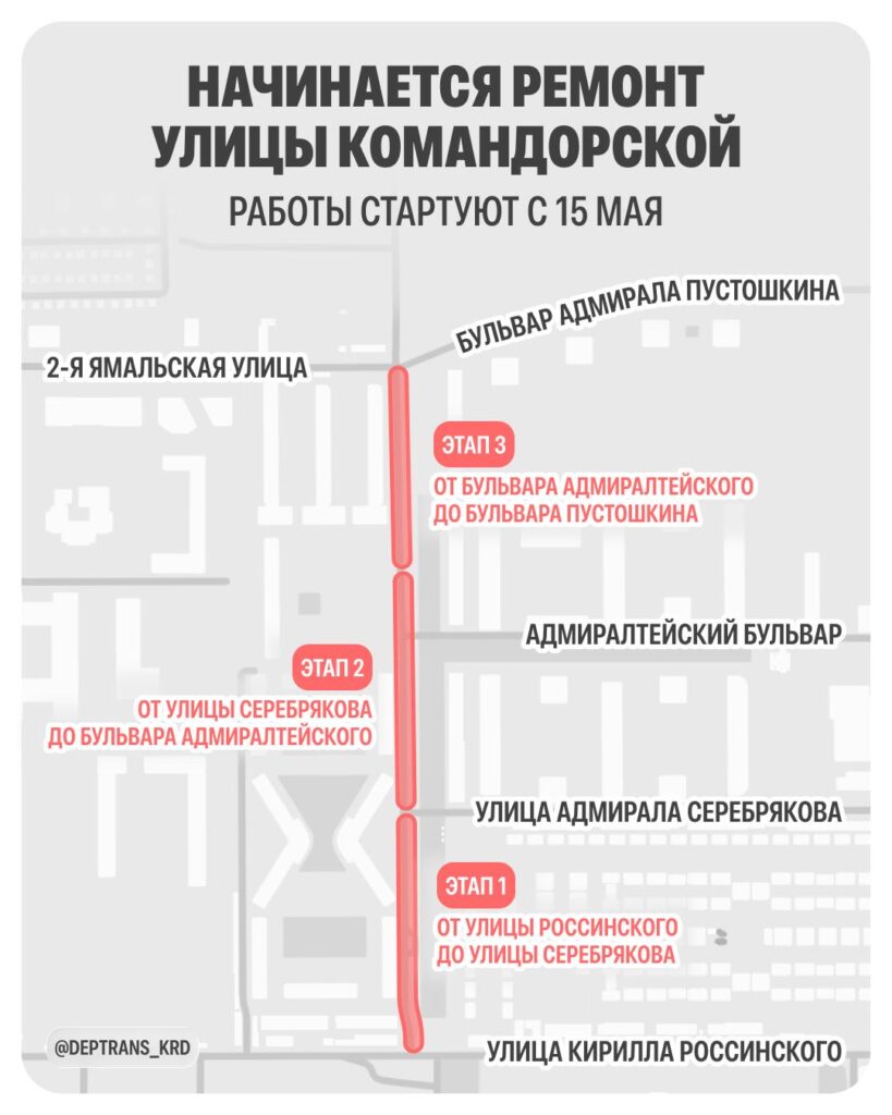 В Краснодаре движение на улице Командорской ограничат более чем на 4 месяца