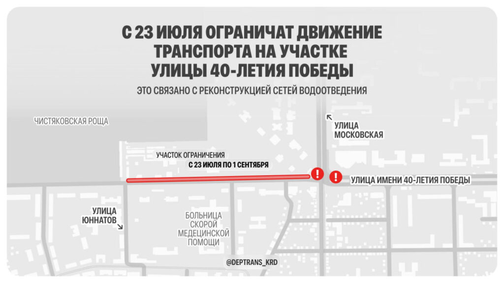В Краснодаре на участке улицы 40-летия Победы более чем на месяц ограничат движение 