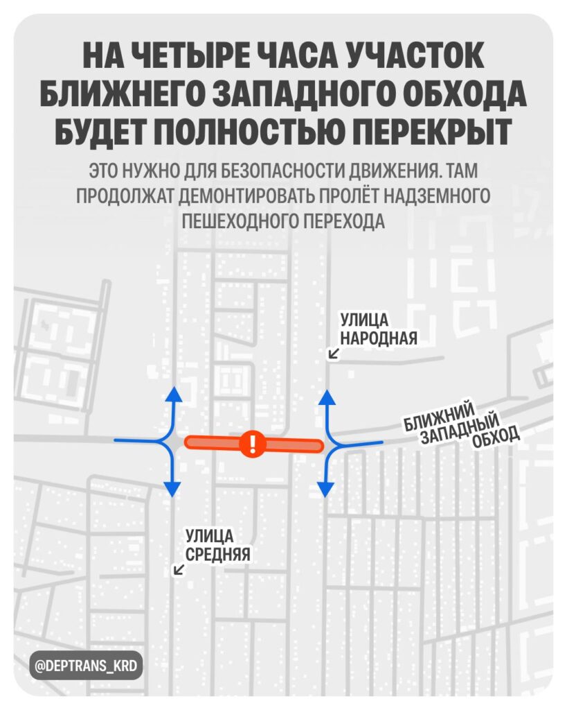 В Краснодаре 5 сентября ненадолго перекроют участок Ближнего Западного обхода