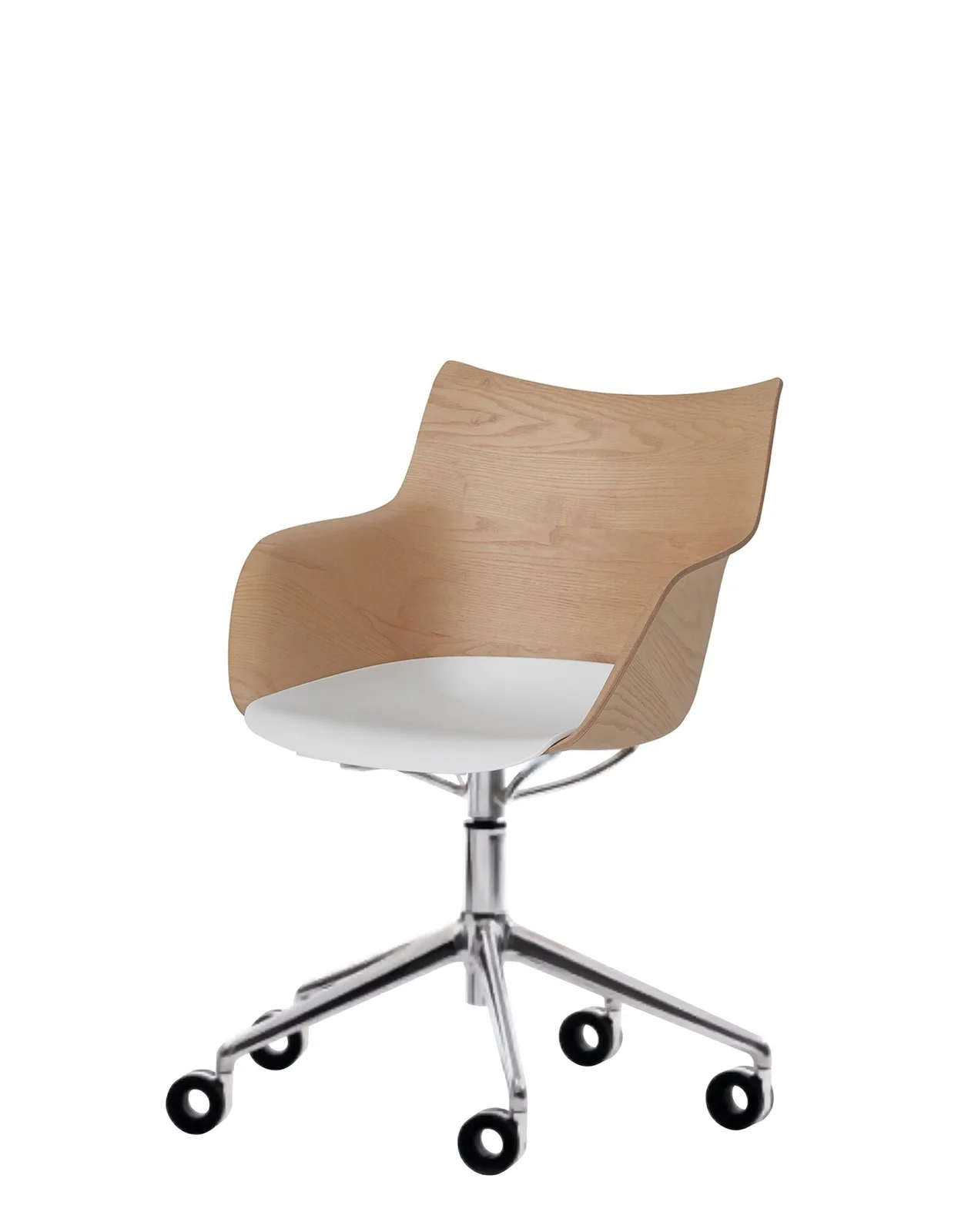 Кресло Q/Wood (дерево/хромированное) с белым сиденьем на колесах Kartell, арт. 5927/СC — изображение товара 1
