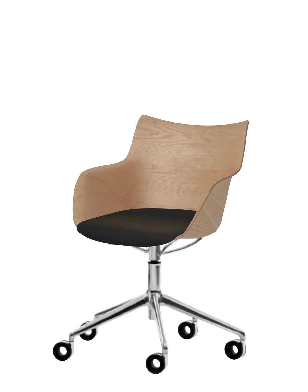 Кресло Q/Wood (дерево/хромированное) в черной ткани на колесах Kartell
