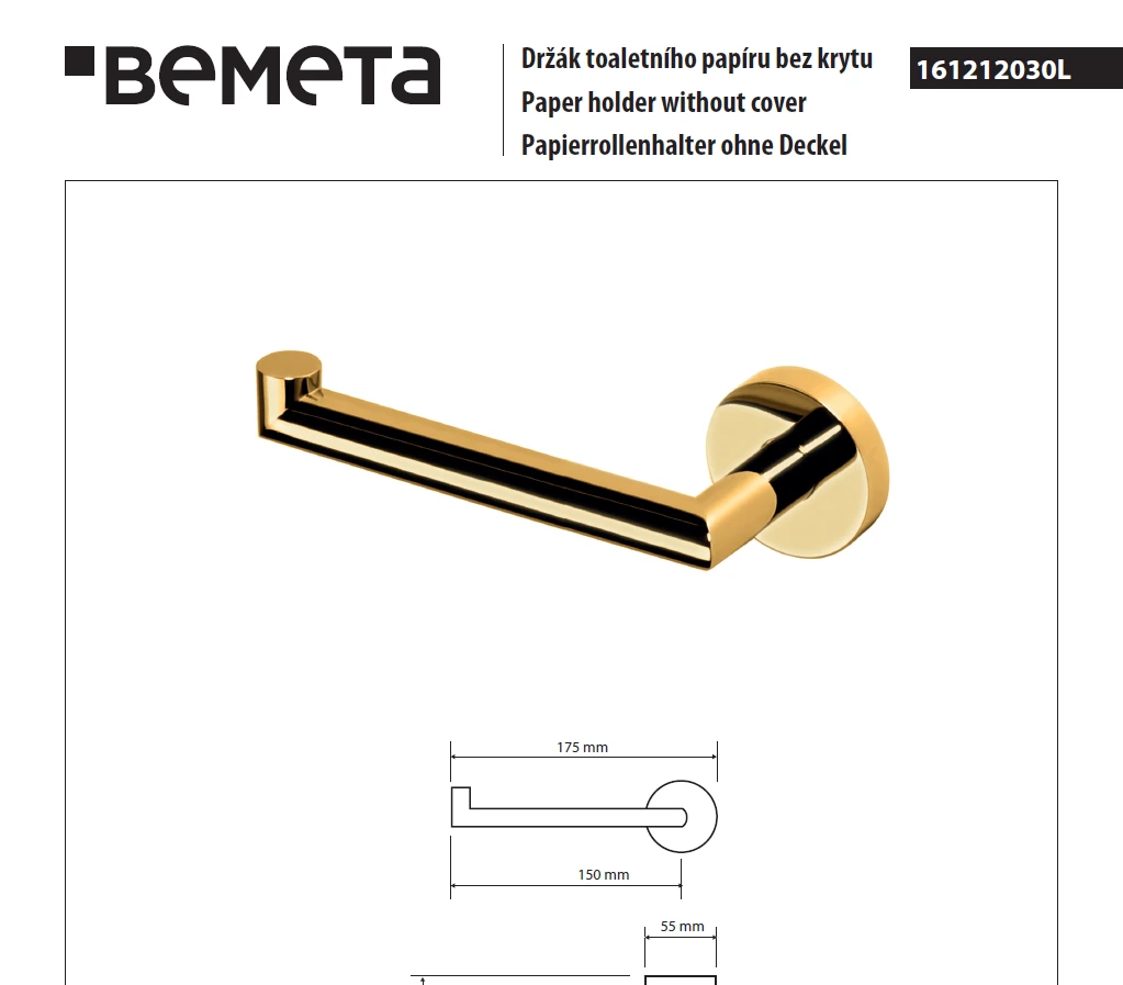 Держатель туалетной бумаги без крышки, левый золото глянцевое Bemeta, арт. 161212030L — изображение товара 2