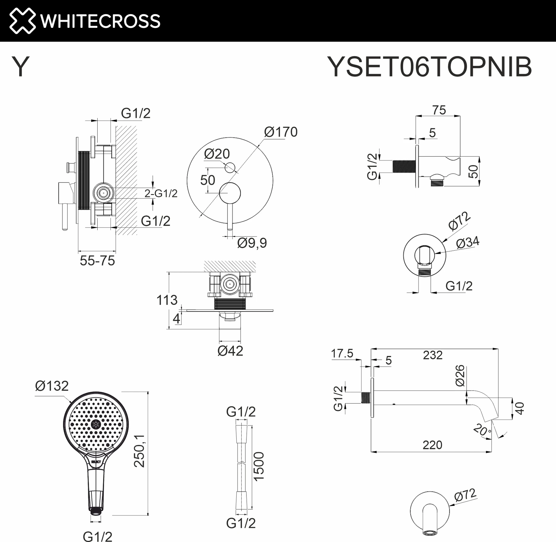 Система для ванны скрытого монтажа WHITECROSS YSET06TOPNIB (брашированный никель) White Cross — изображение товара 3