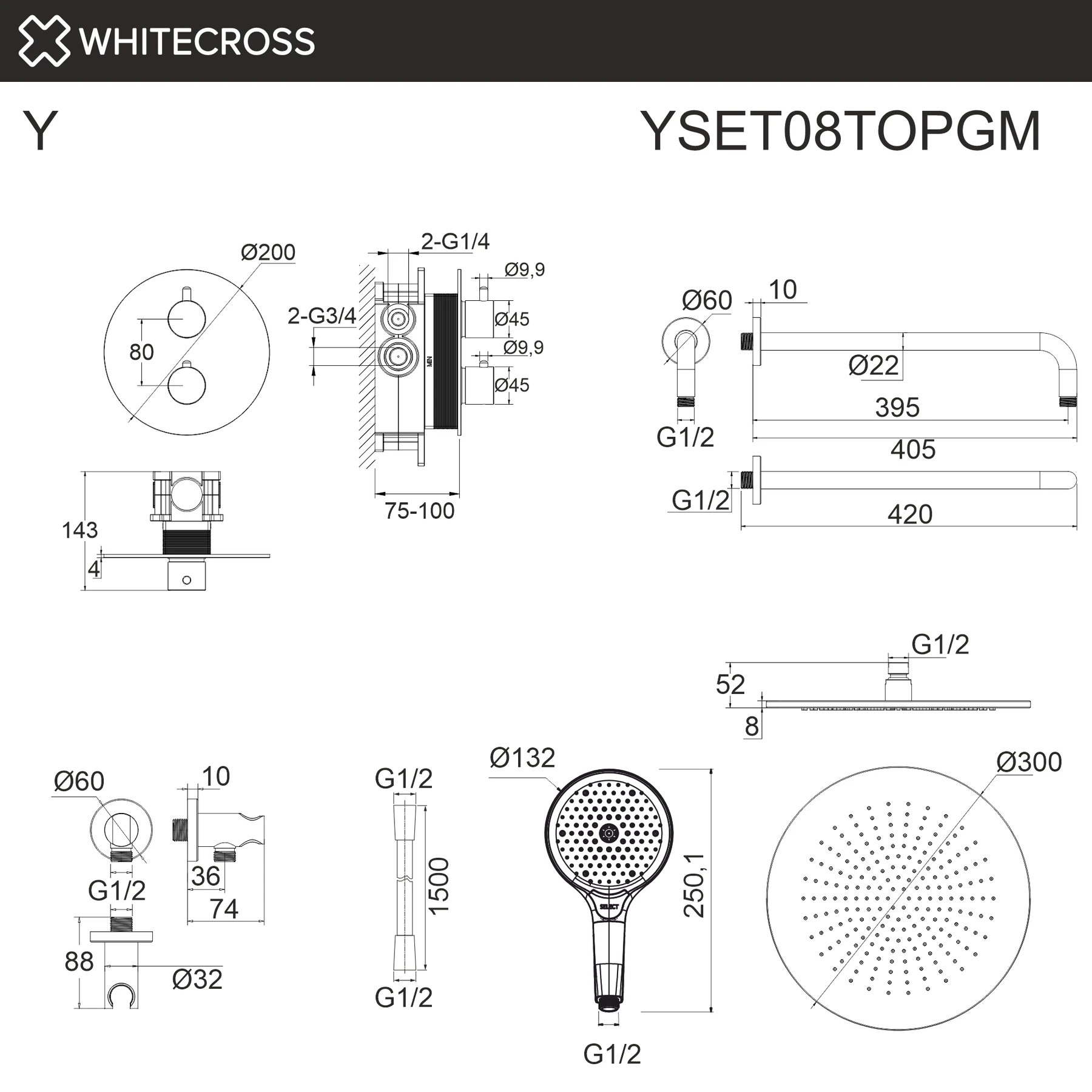Термостатическая душевая система скрытого монтажа WHITECROSS YSET08TOPGM (оружейная сталь) White Cross — изображение товара 3