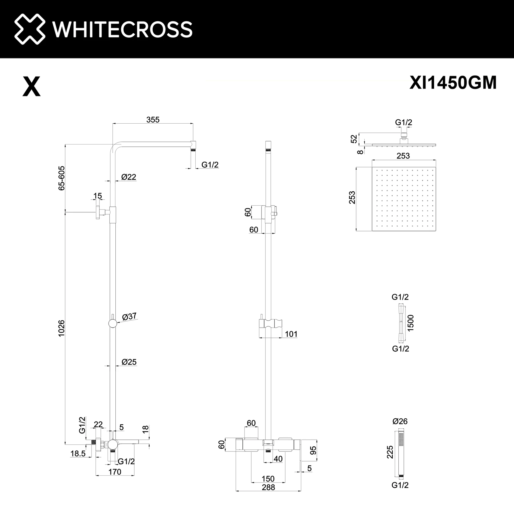 Система для душа наружного монтажа WHITECROSS XI1450GM (оружейная сталь) White Cross — изображение товара 2