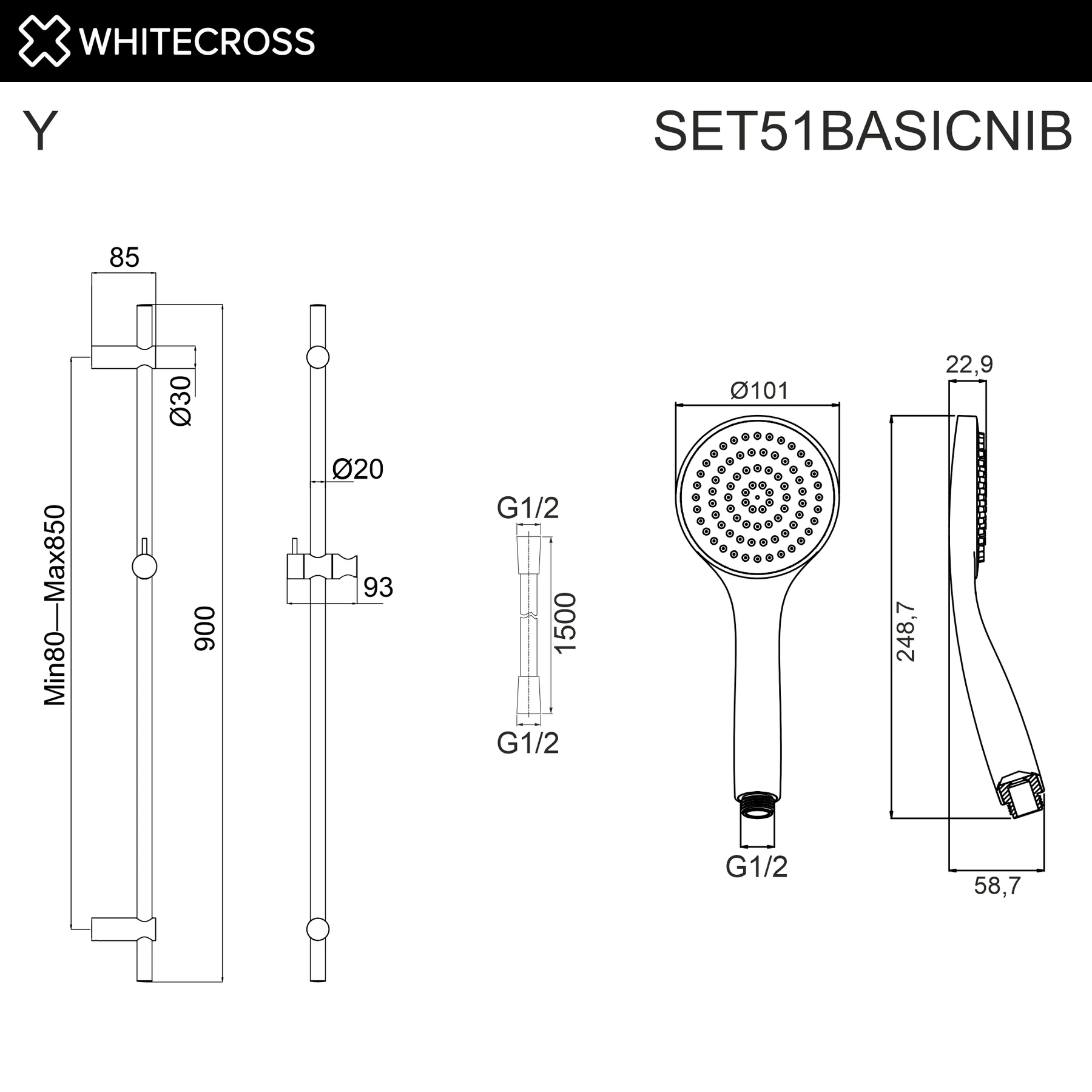 Душевой гарнитур на штанге WHITECROSS SET51BASICNIB (брашированный никель) White Cross — изображение товара 2