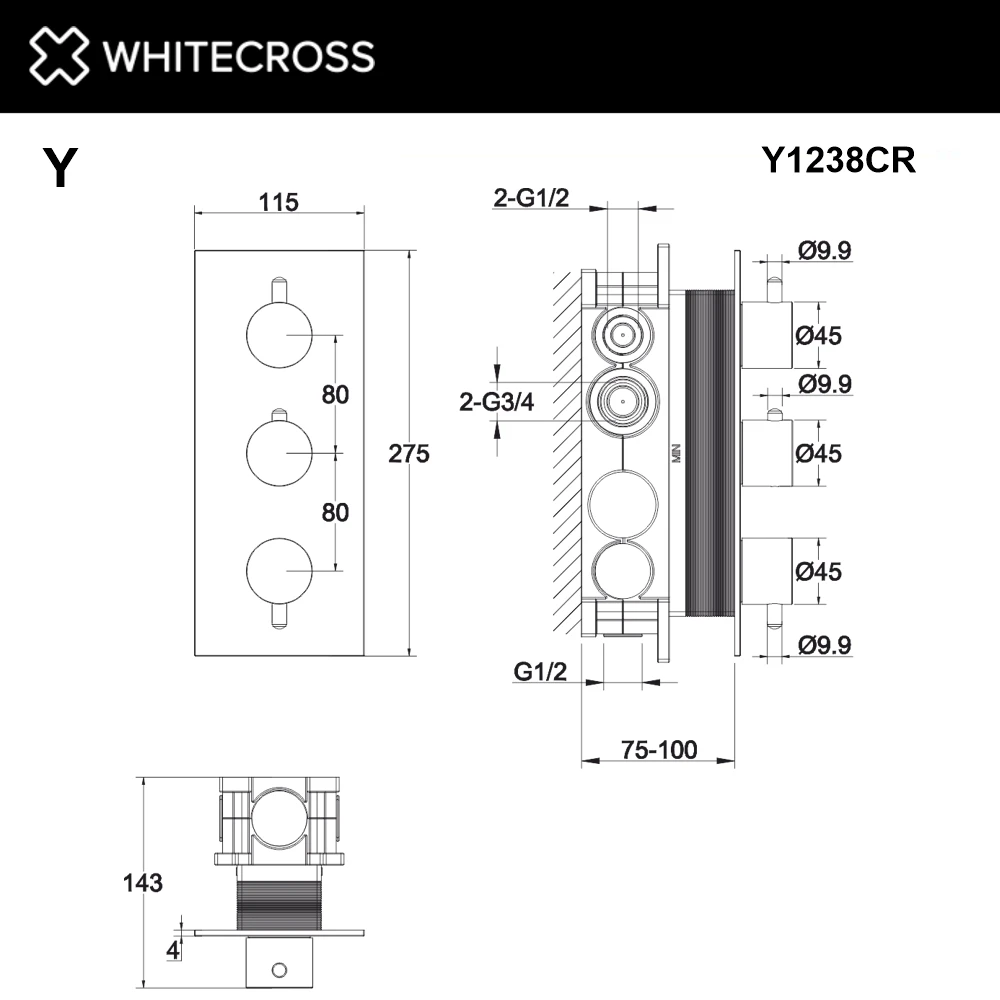 Смеситель термостат скрытого монтажа на 3 потребителя WHITECROSS Y1238CR (хром) White Cross — изображение товара 2
