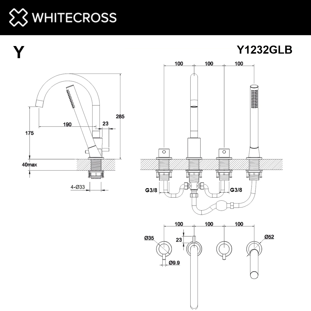 Смеситель для ванны на 4 отверстия WHITECROSS Y1232GLB (брашированное золото) White Cross — изображение товара 3