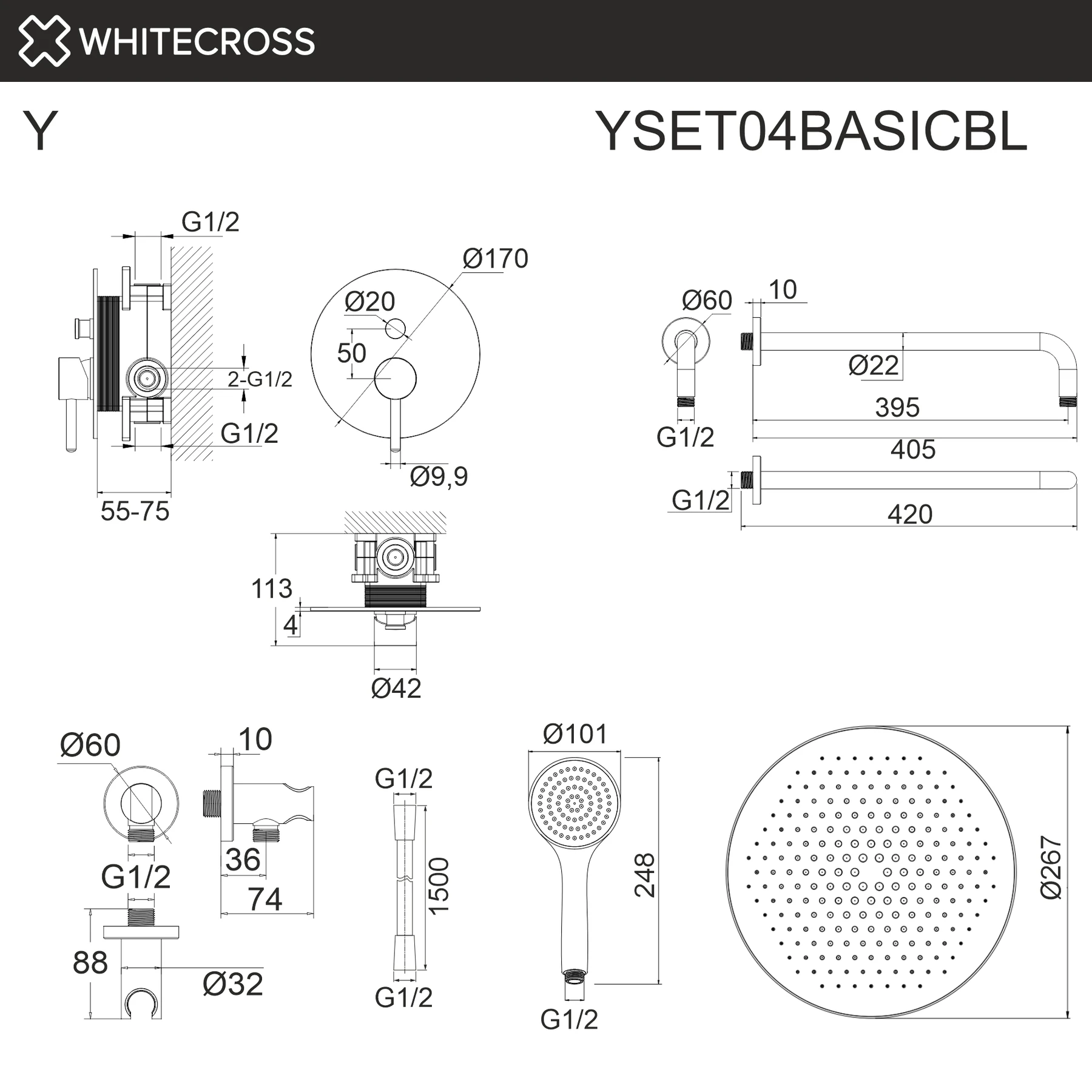 Система для душа скрытого монтажа WHITECROSS YSET04BASICBL (черный мат) White Cross — изображение товара 3