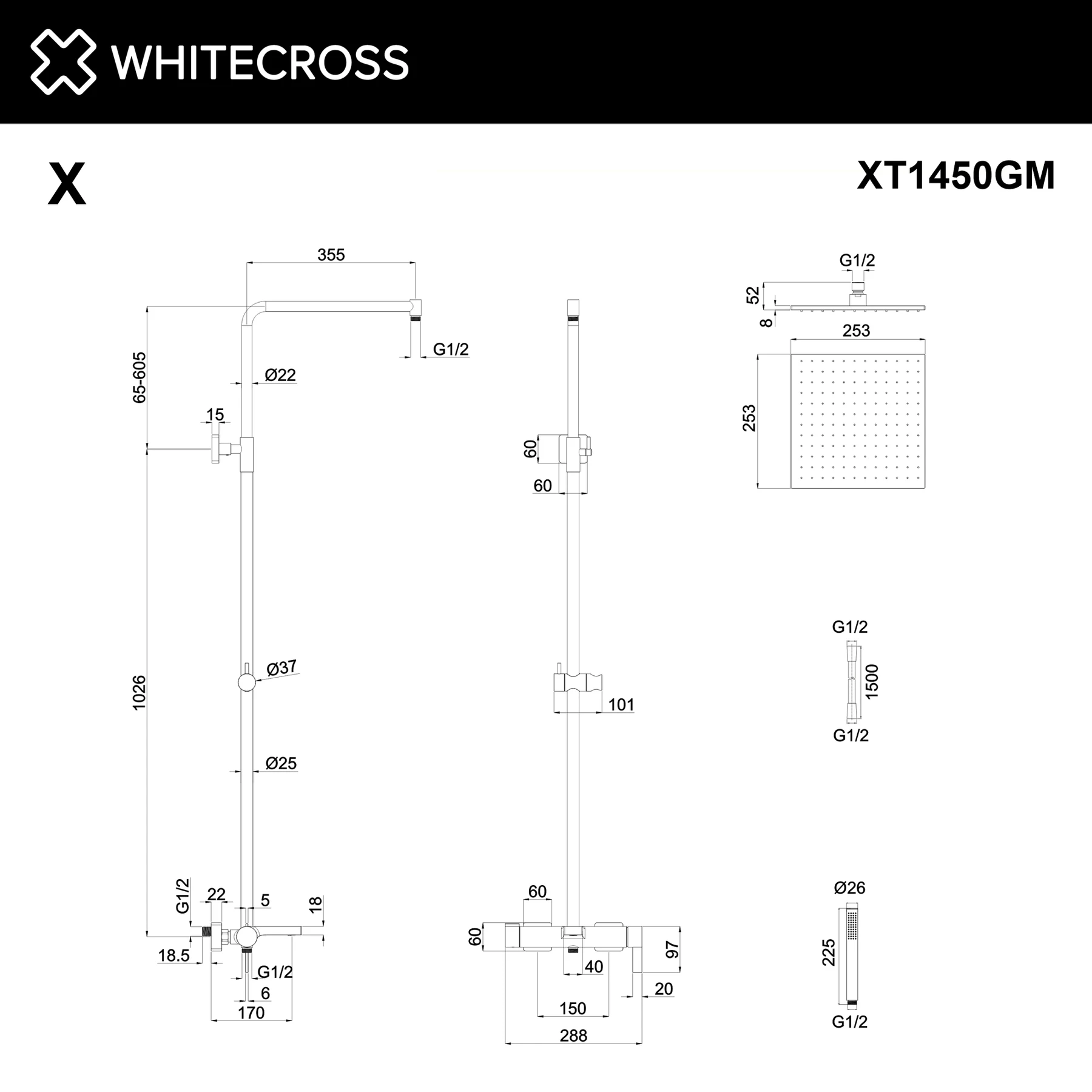 Система для душа наружного монтажа WHITECROSS XT1450GM (оружейная сталь) White Cross — изображение товара 2