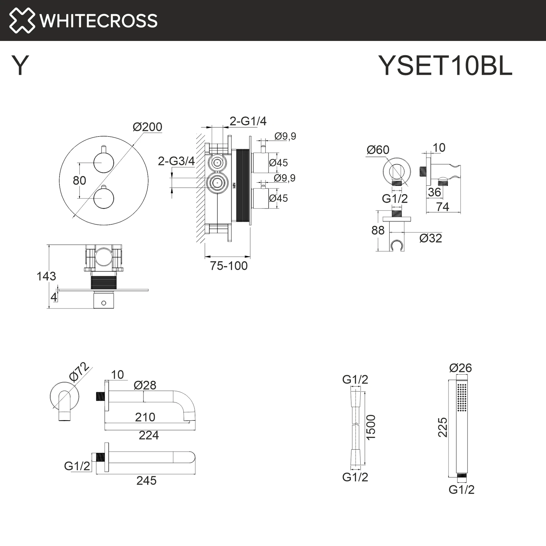Термостатическая система для ванны скрытого монтажа WHITECROSS YSET10BL (черный мат) White Cross — изображение товара 3