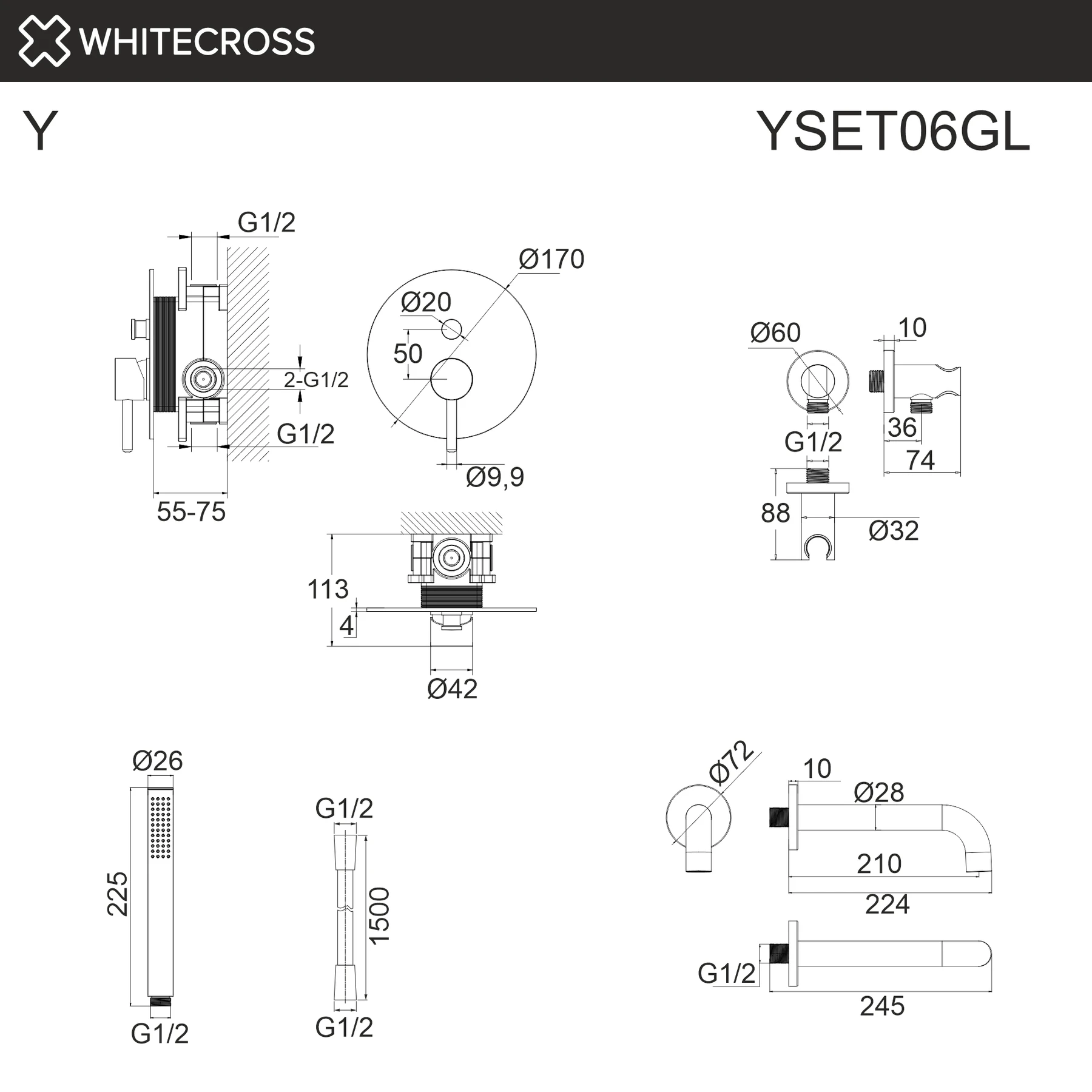 Система для ванны скрытого монтажа WHITECROSS YSET06GL (золото) White Cross — изображение товара 3