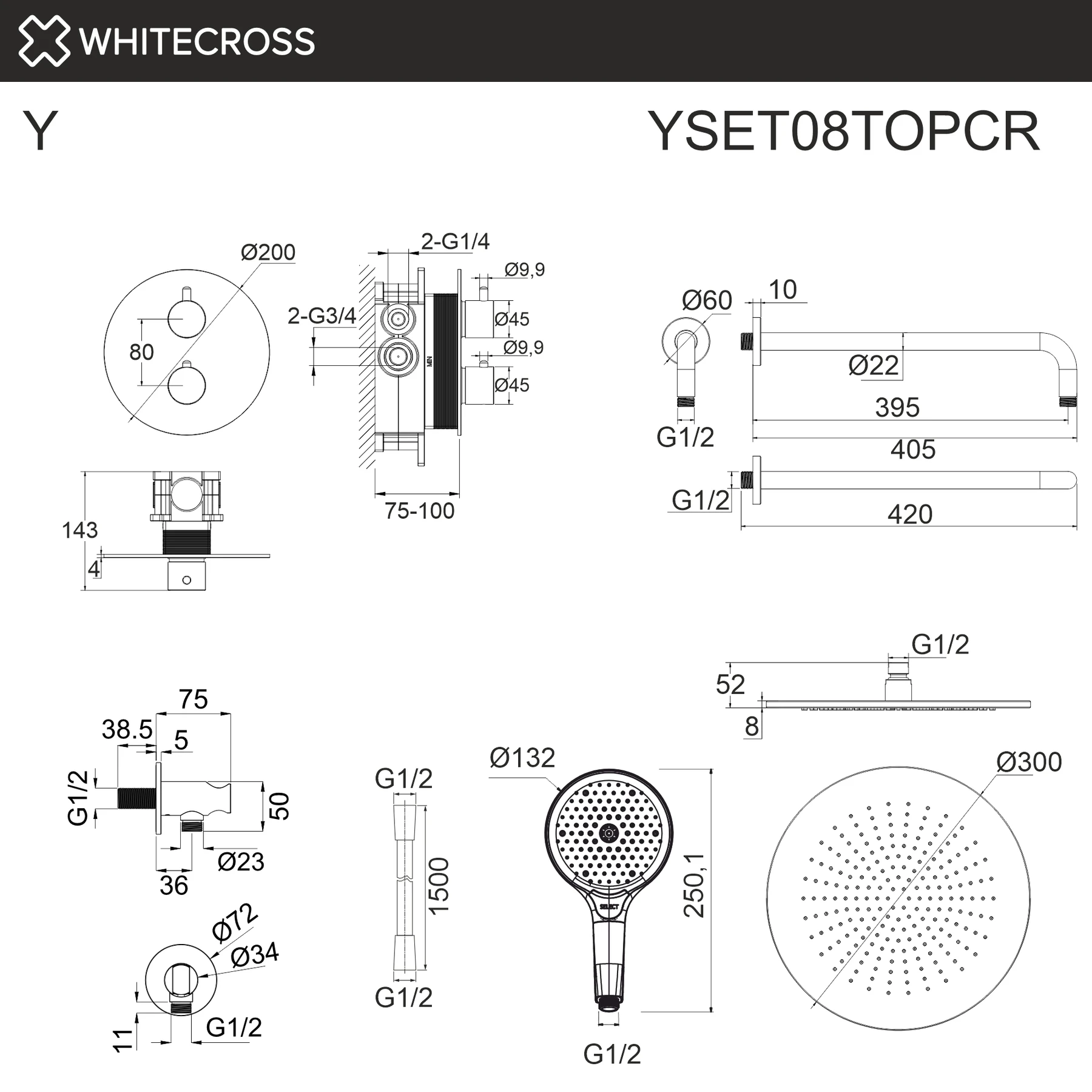 Термостатическая душевая система скрытого монтажа WHITECROSS YSET08TOPCR (хром) White Cross — изображение товара 3