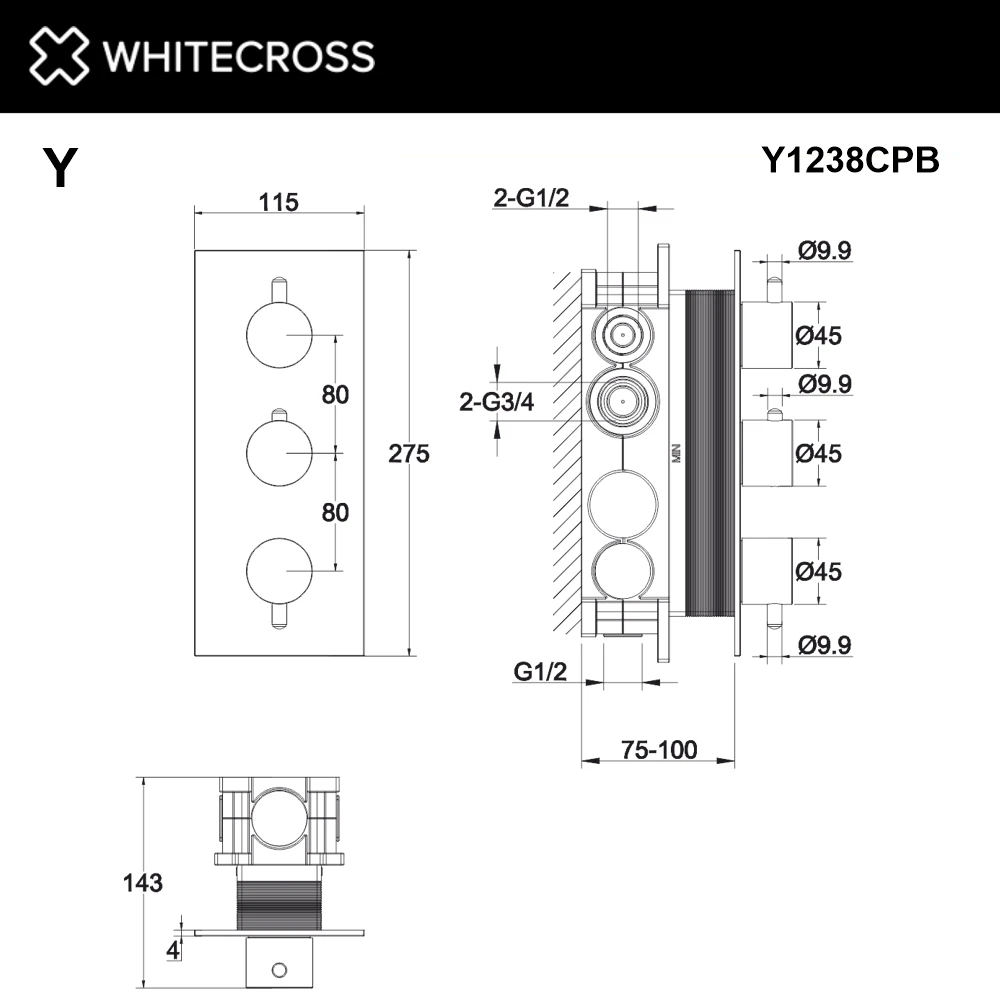 Смеситель термостат скрытого монтажа на 3 потребителя WHITECROSS Y1238CPB (брашированная медь) White Cross — изображение товара 2