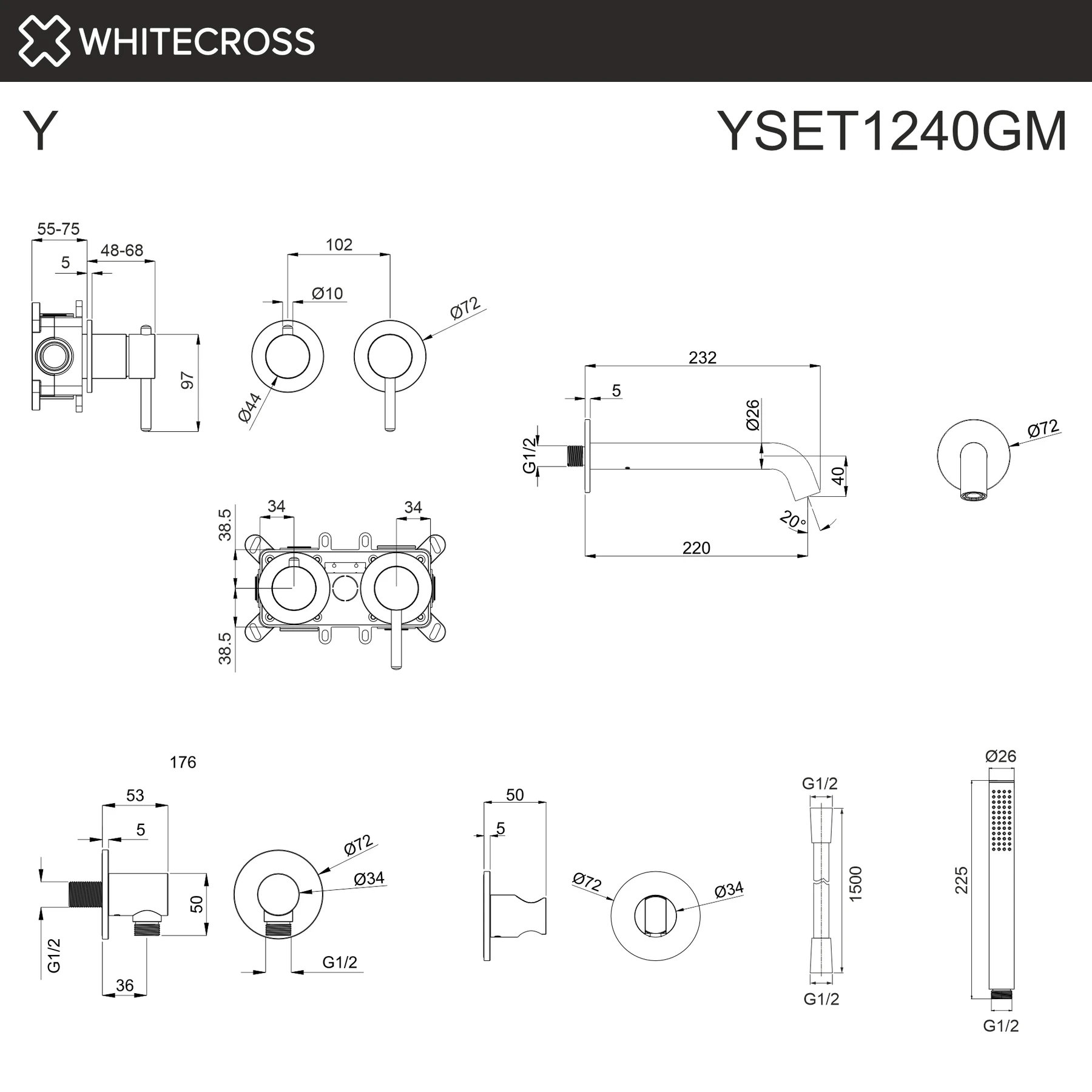Смеситель для ванны скрытого монтажа WHITECROSS YSET1240GM (оружейная сталь) White Cross — изображение товара 3